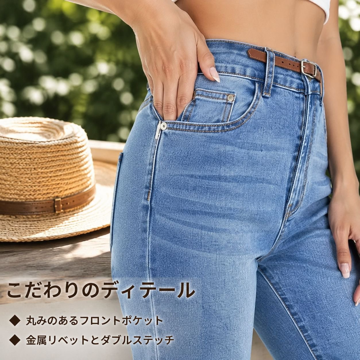 ハイウエストストレートスリムレディースライトブルージーンズ