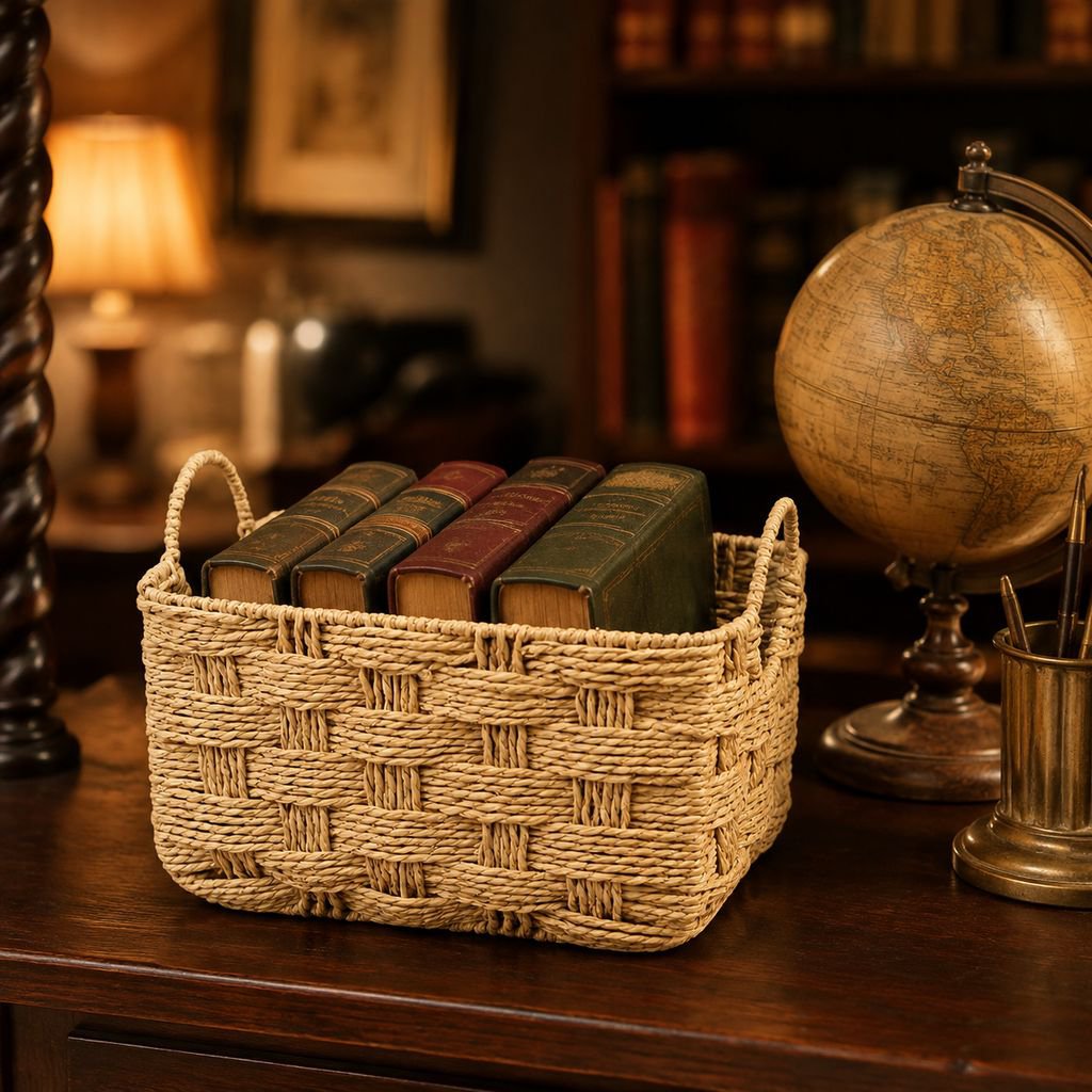 Corbeille de rangement artisanale avec fournitures de bureau