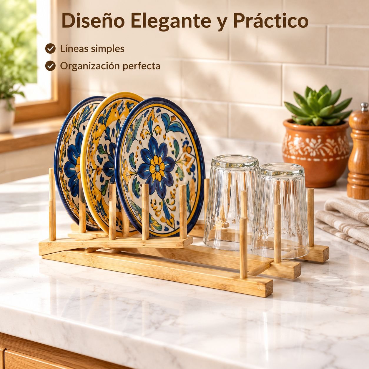 Escurridor y Organizador de Platos de Bambú para Cocina