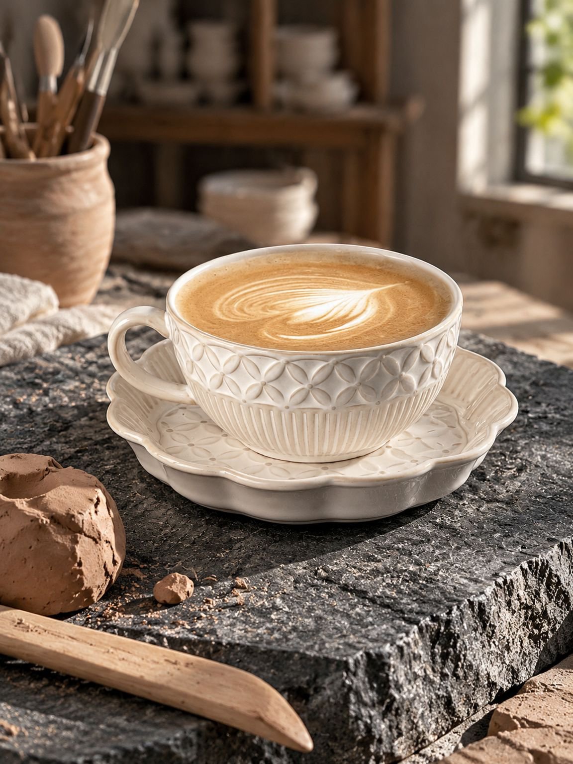 Luxury porcelain coffee cup and saucer with intricate detailing