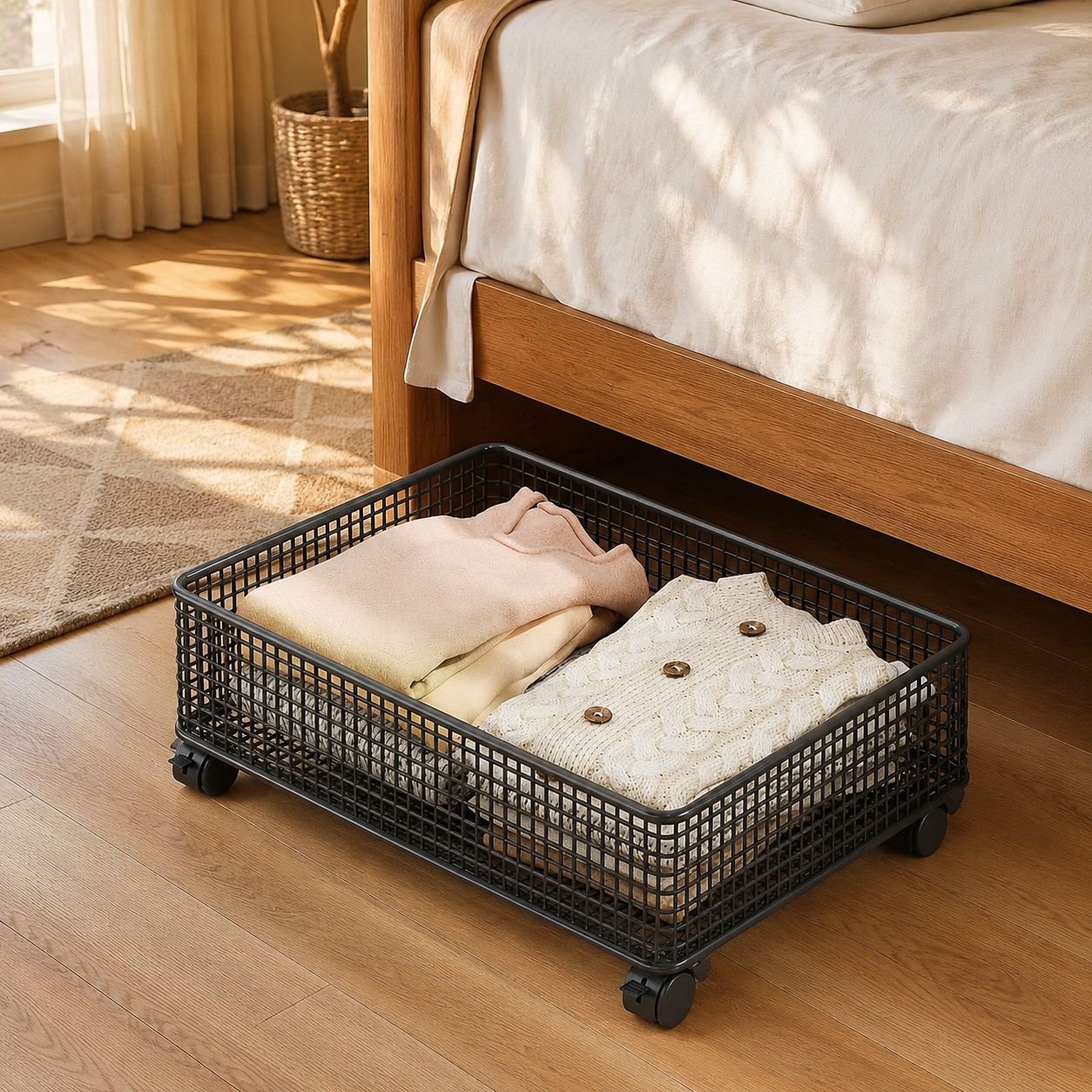 Space-Saving Metal Under-Bed Storage Box with Casters