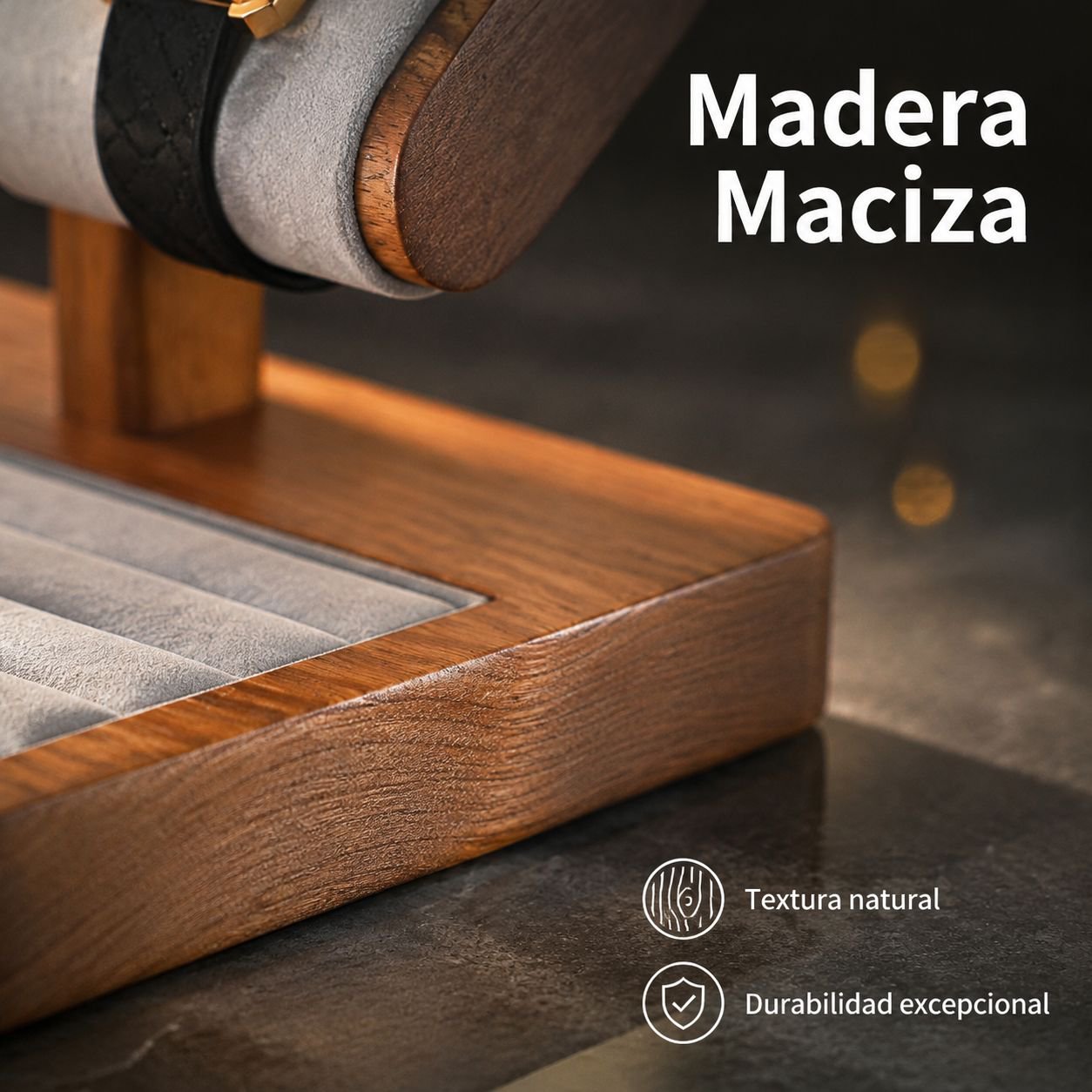 Estante de madera maciza para exhibir relojes y pulseras.