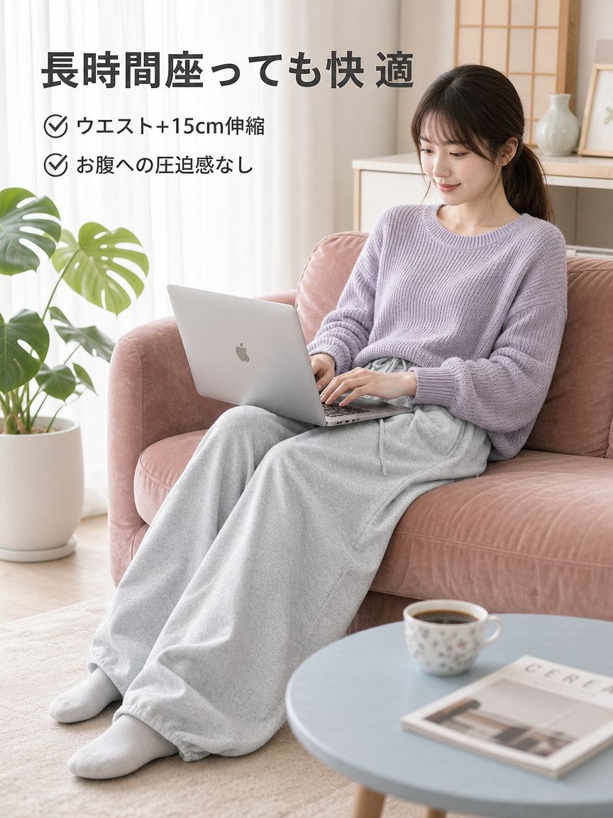 万能なカーブドワイドレッグ無地スウェットパンツ全体画像