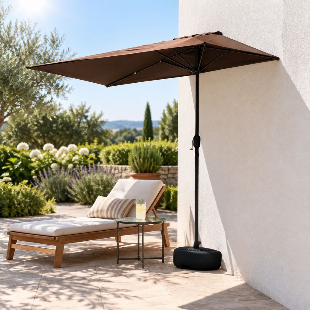 Outdoor half parasol providing sun protection for convenience store entrance