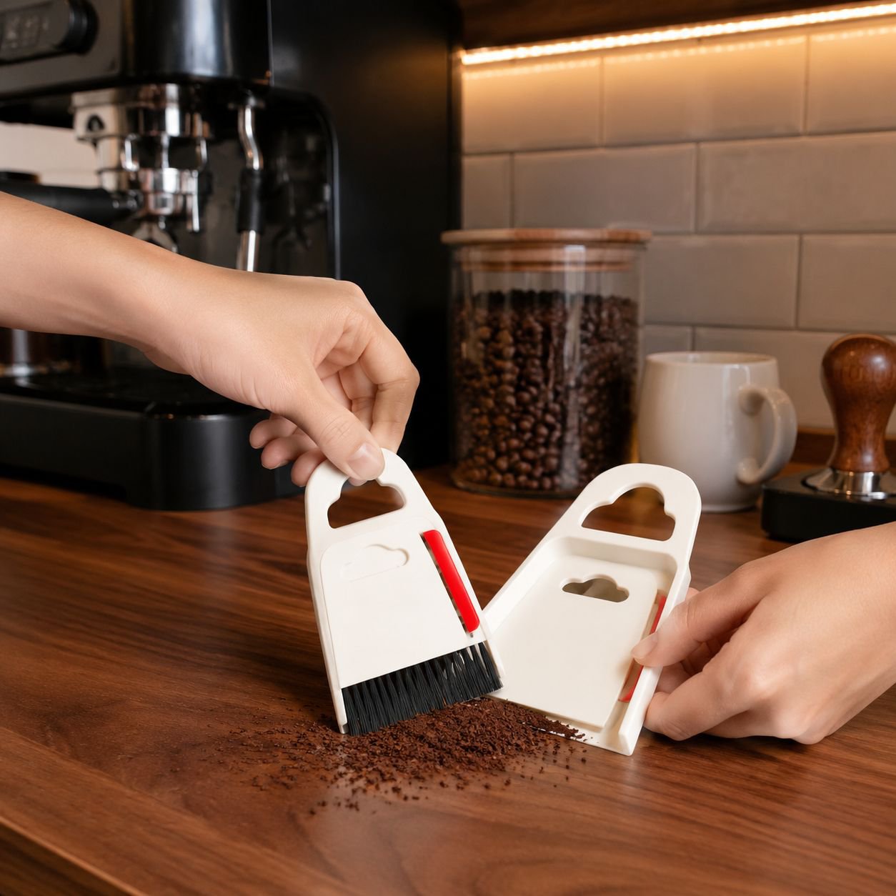 Close-up of brush and dustpan in cleaning kit