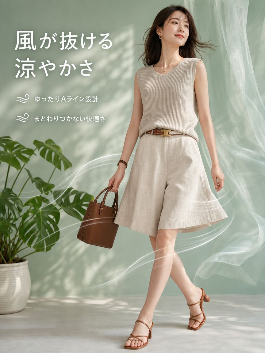 モデル着用の涼しいストレートショートパンツ