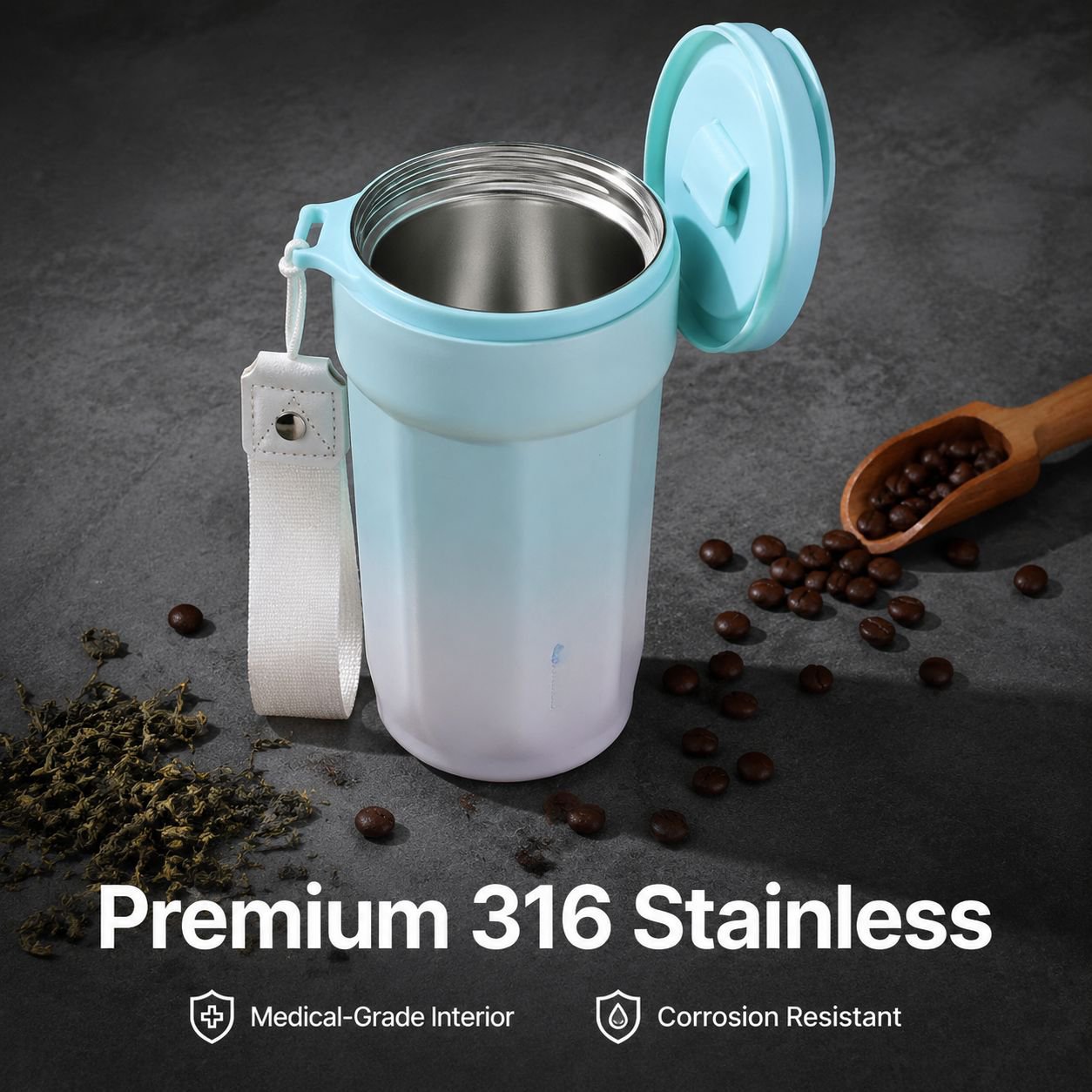 316 Stainless Steel Vacuum Insulated Mug with Convenient Carrying Strap
