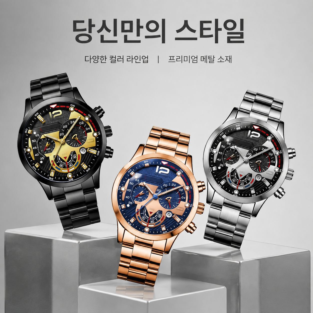 남성용 원형 다이얼, 야광 바늘, 스틸 스트랩, 쿼츠 시계
