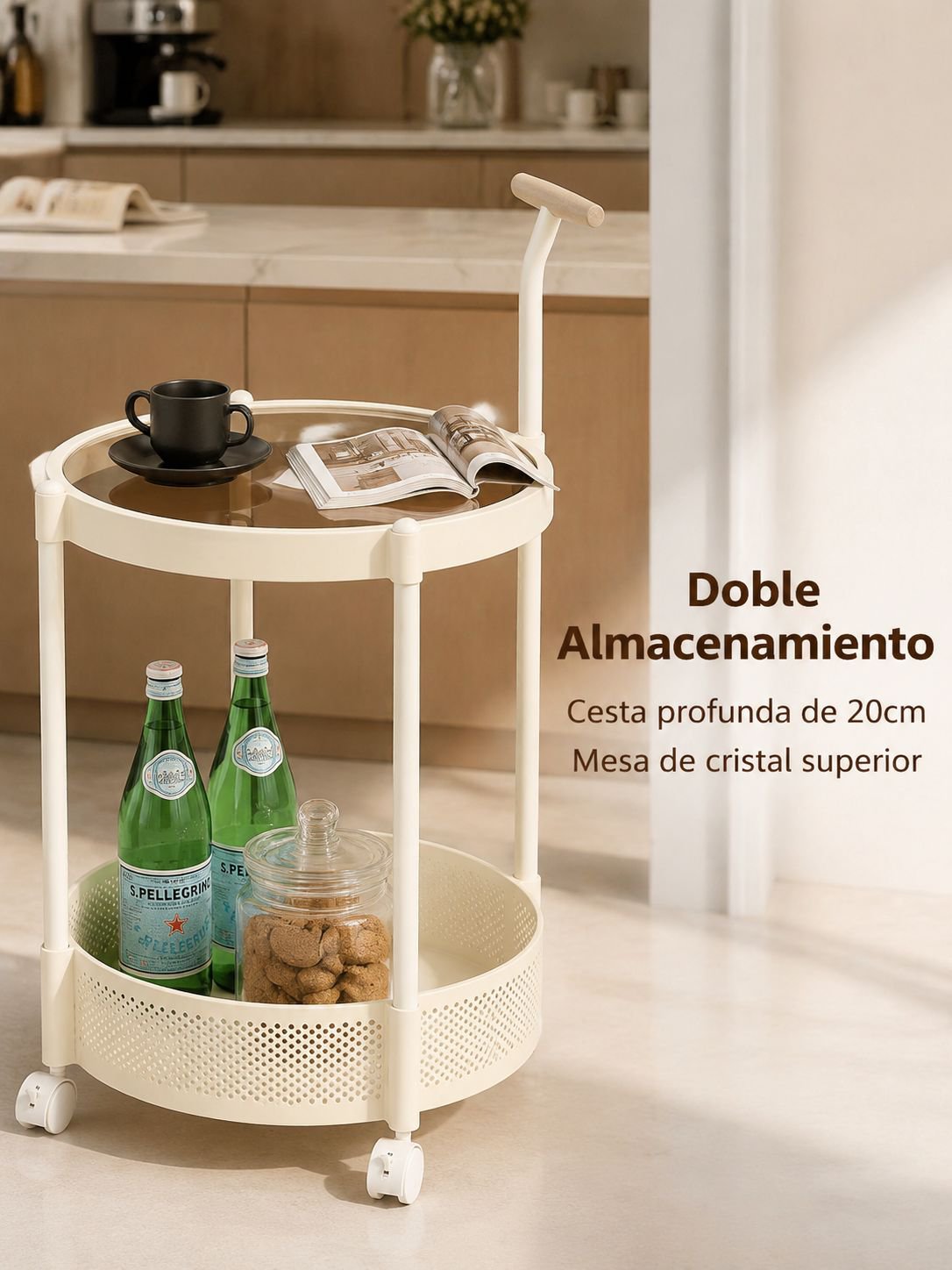 Mesa auxiliar con carrito de cristal móvil