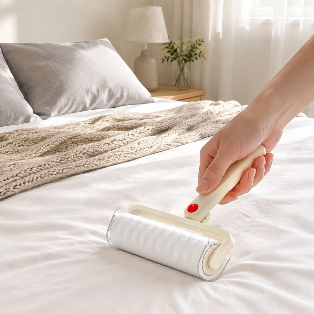 Hand using foldable lint remover on a sweater