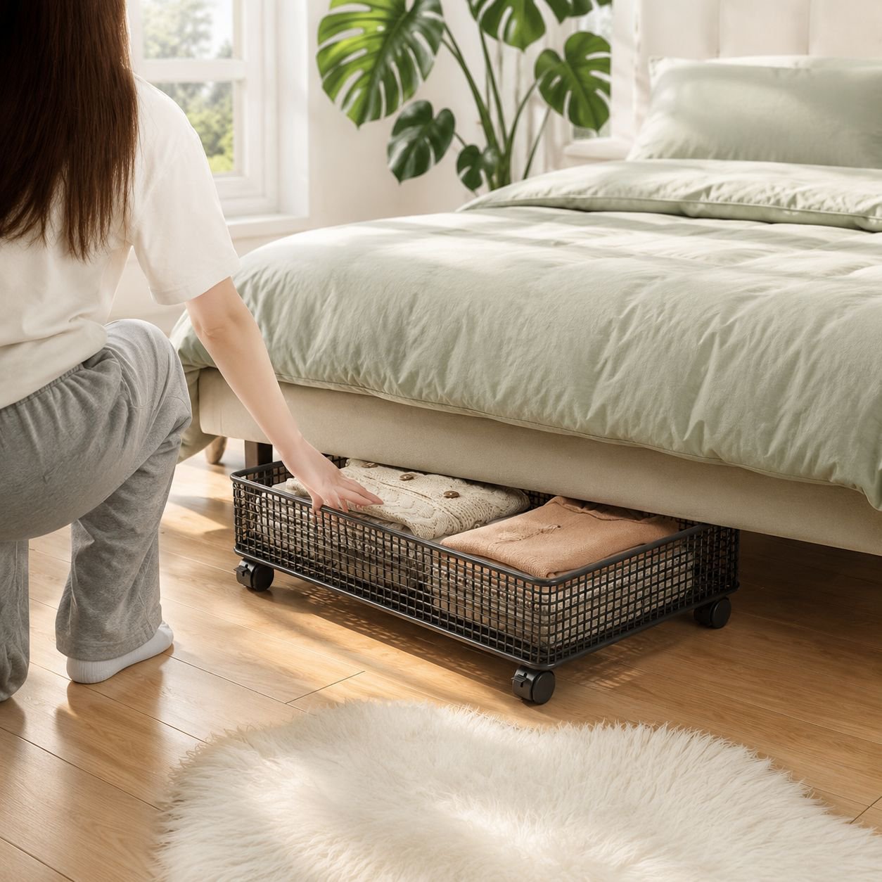 Heavy-duty metal under-bed storage for linens