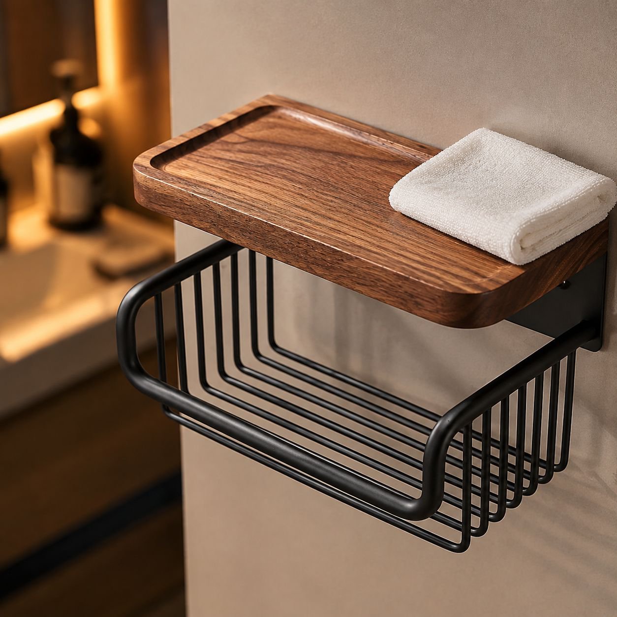 Space saving toilet paper holder with drawer