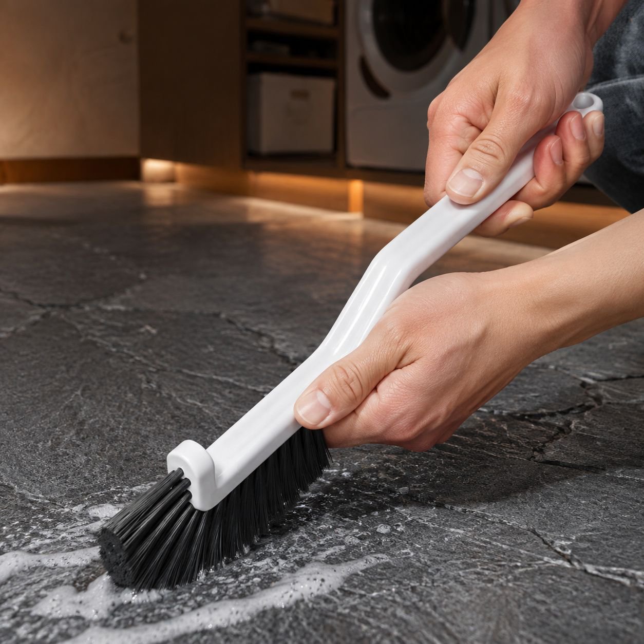 Ergonomic handle cleaning brush for grout and tiles