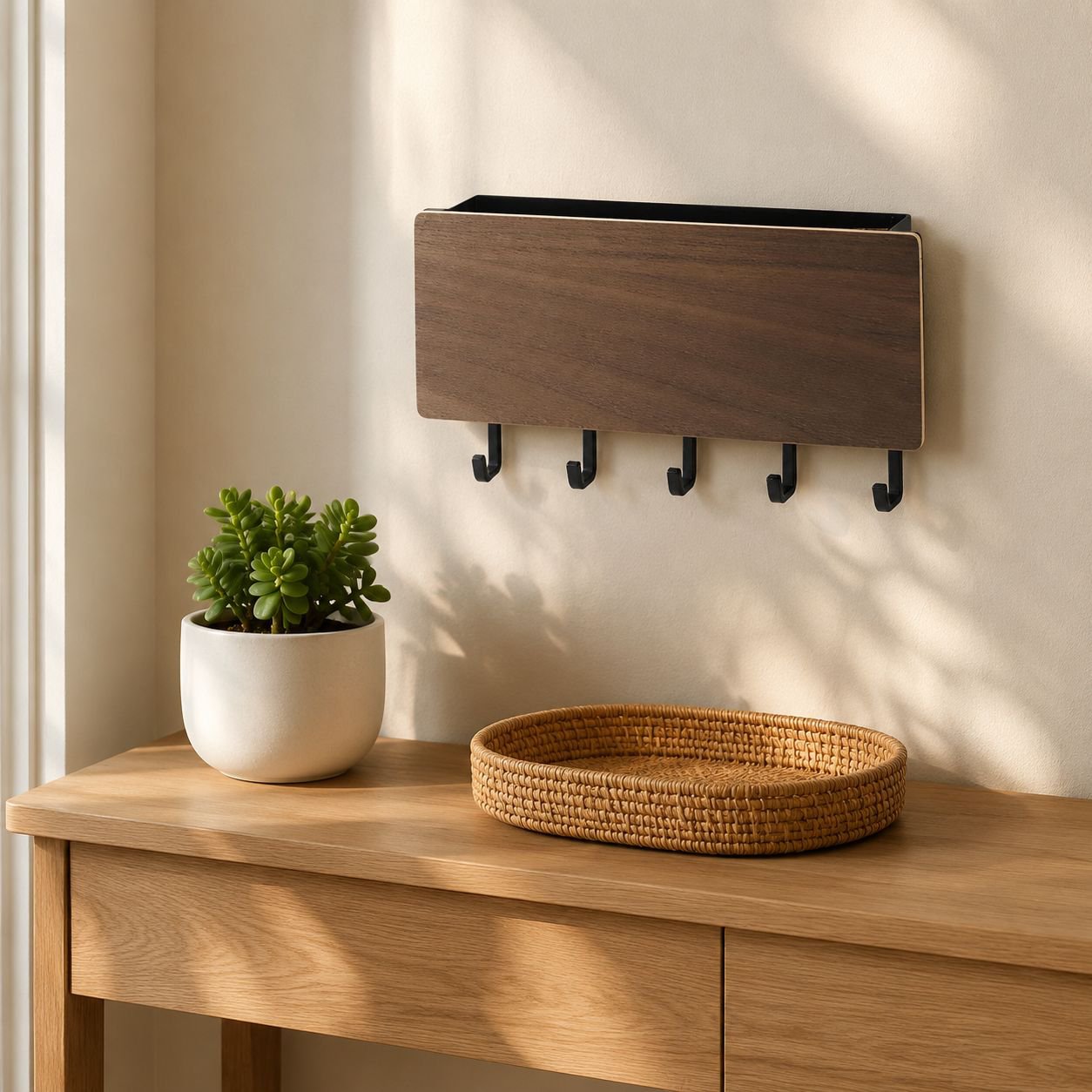 Wall mounted entryway multi-purpose key holder rack with hooks