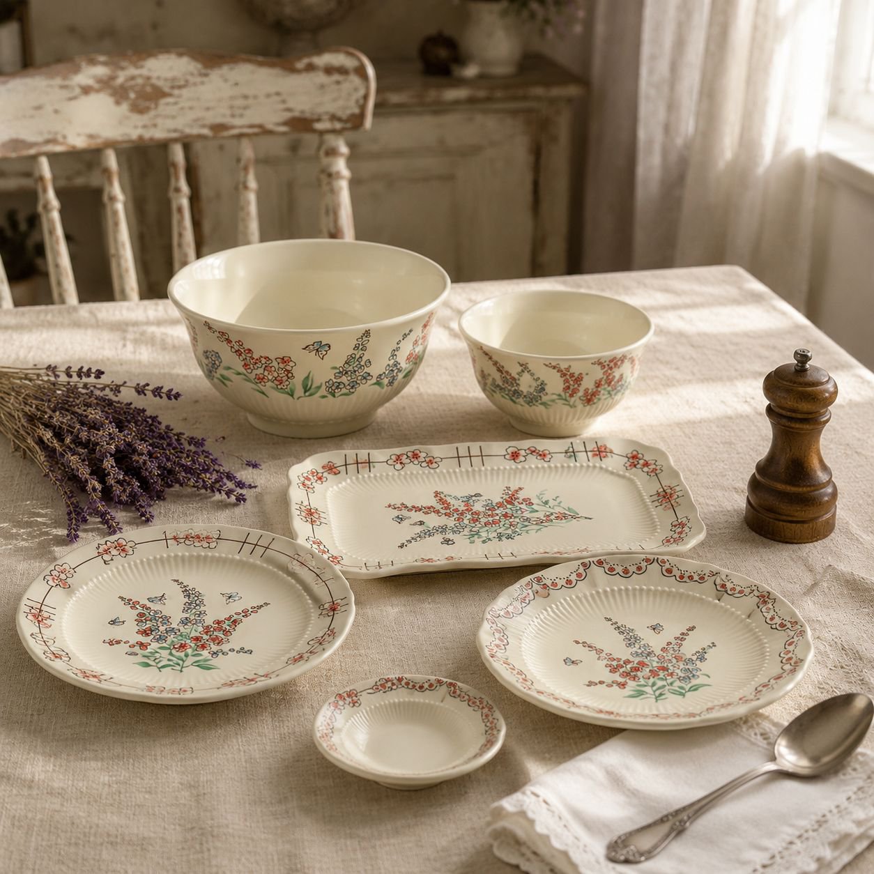Keramik-Geschirrset im rustikalen Vintage-Landhausstil mit Unterglasurdekoration