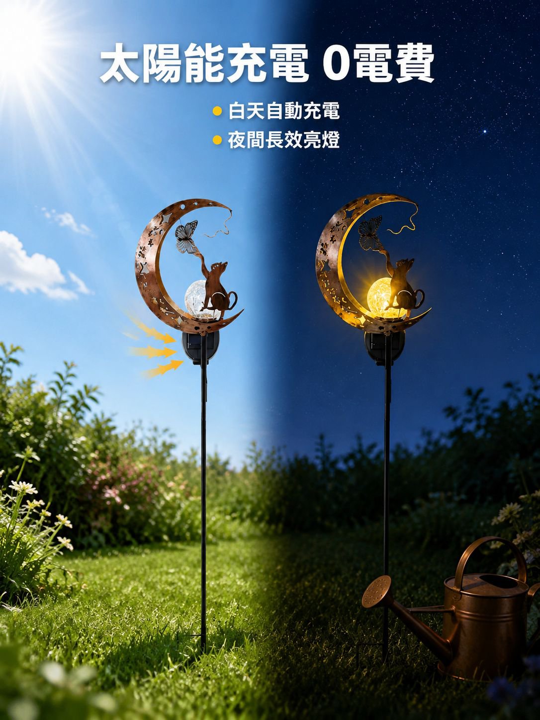 貓月形鐵藝太陽能燈