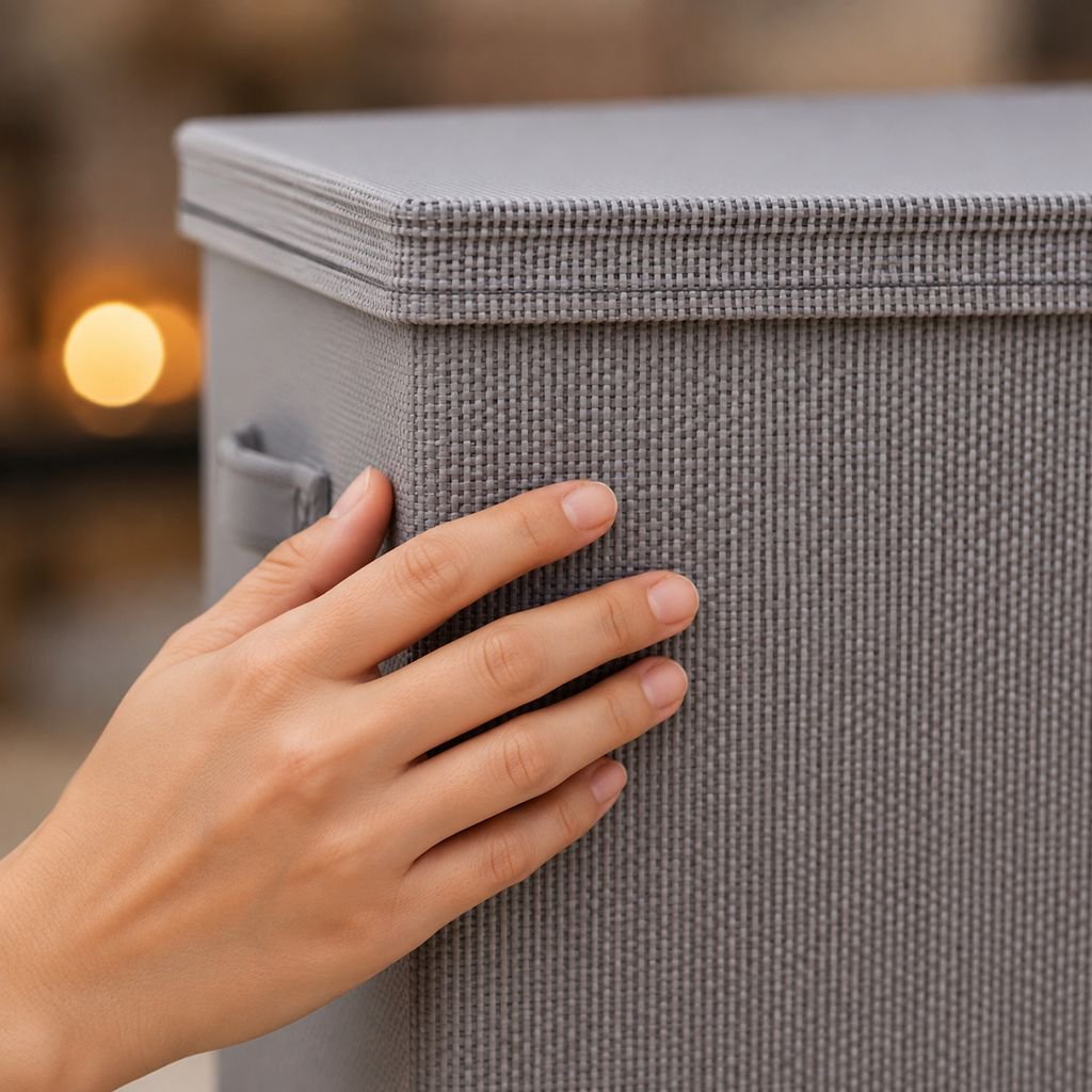 Foldable storage bin shown collapsed for easy storage