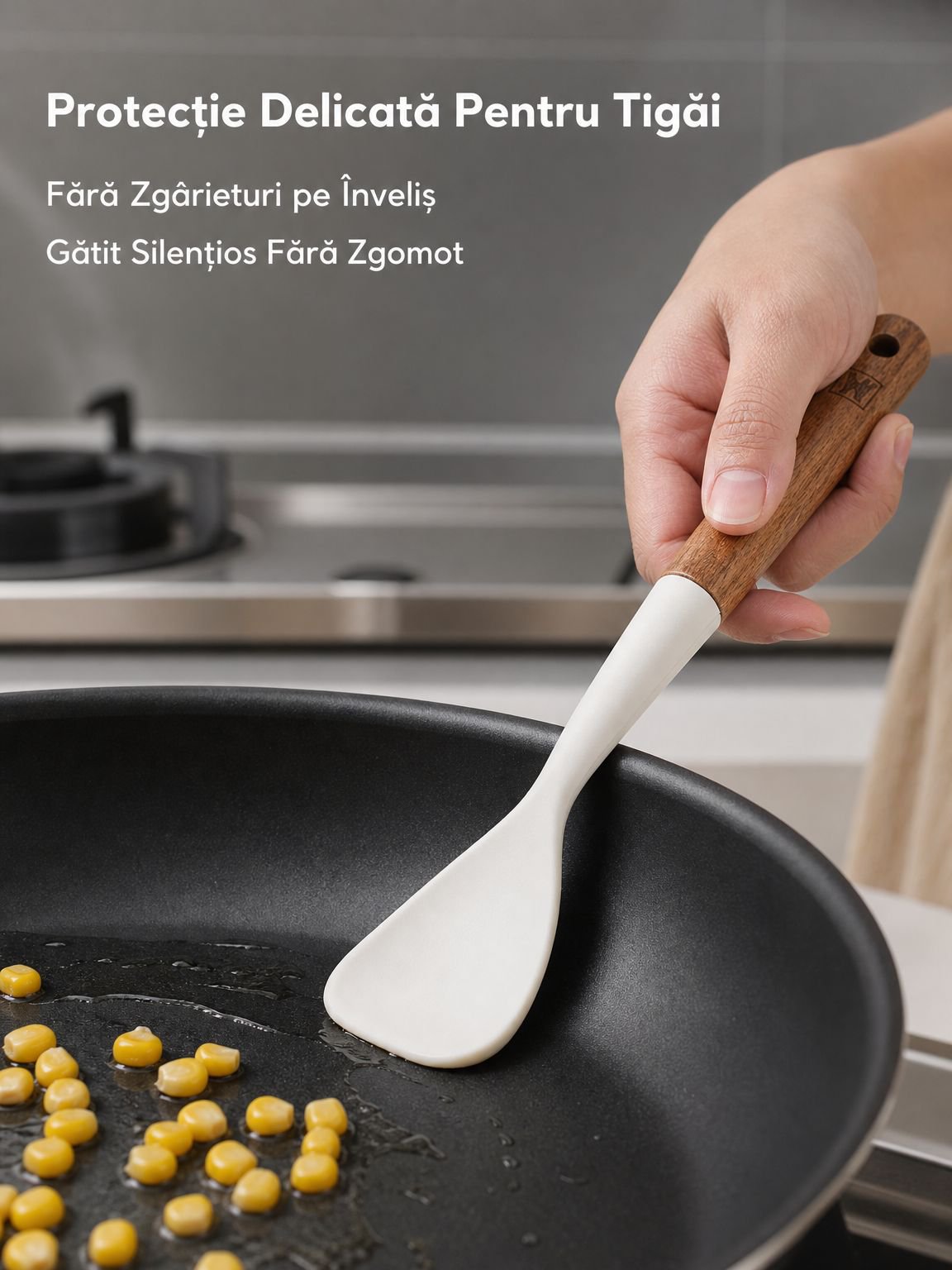 Set de lingură și spatulă din silicon cu mâner scurt din lemn