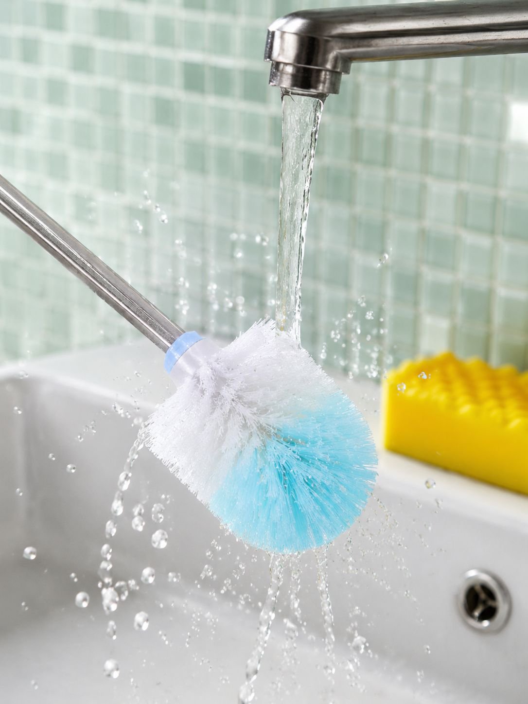 Toilet brush with holder set on bathroom floor
