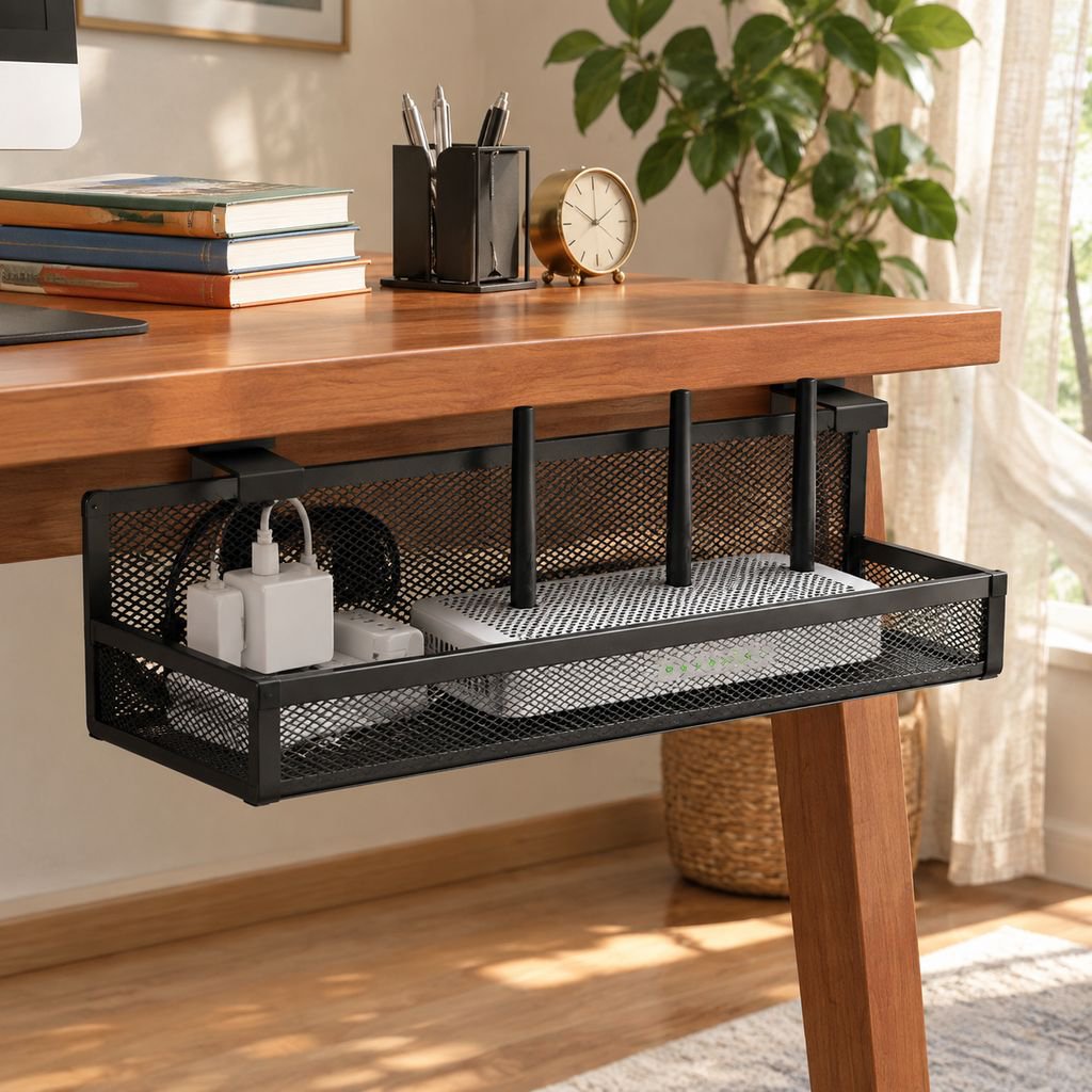 No-drill power strip holder, cable management box, under-desk cable organizer