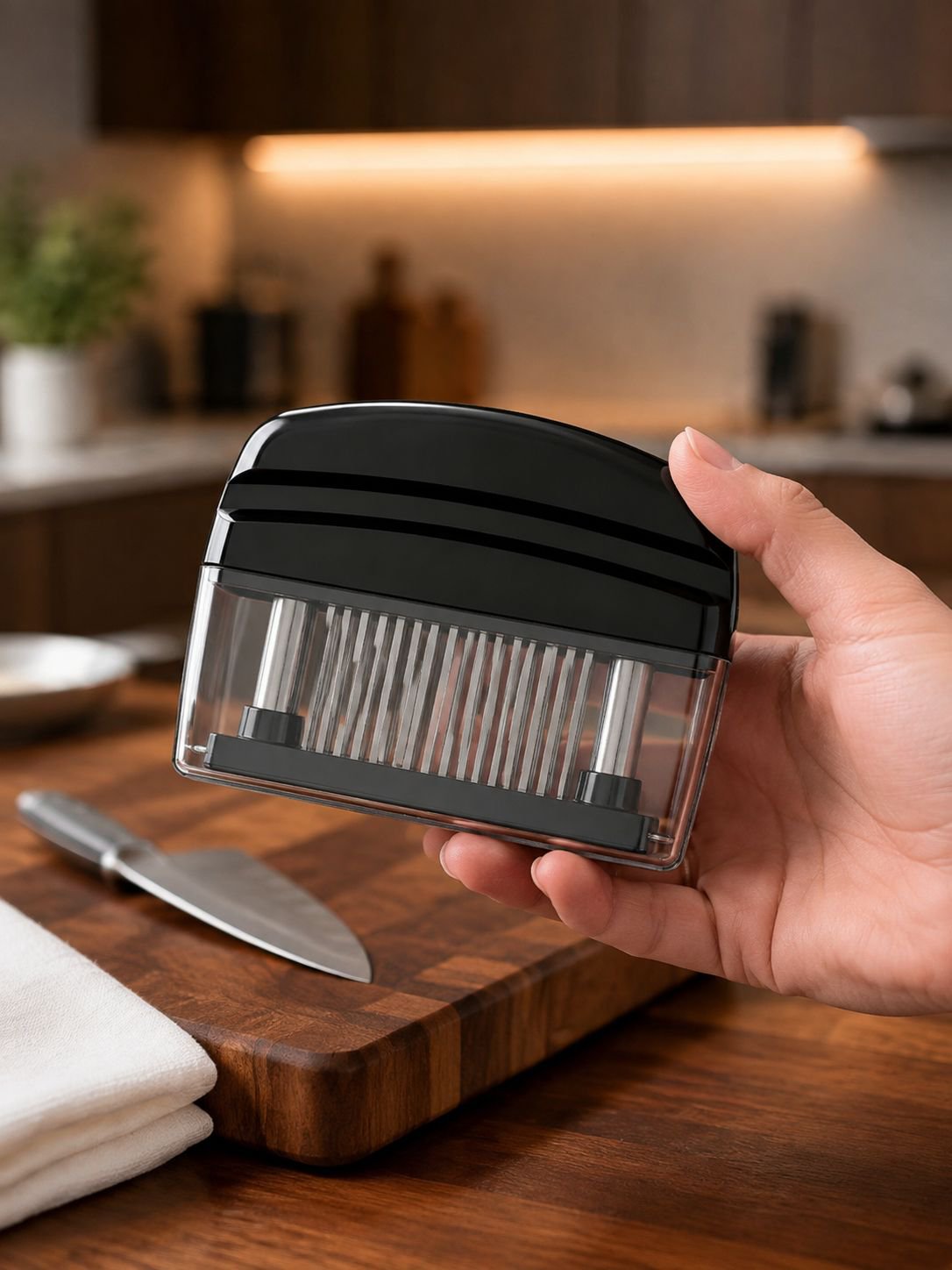 Ablandadora de carne de acero inoxidable y plástico negro