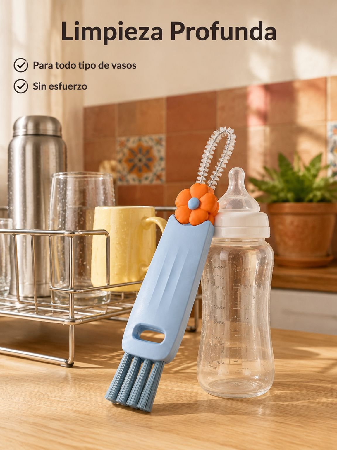 Cepillo limpiador multifuncional en forma de pétalo para tapas de vasos, ranuras y biberones