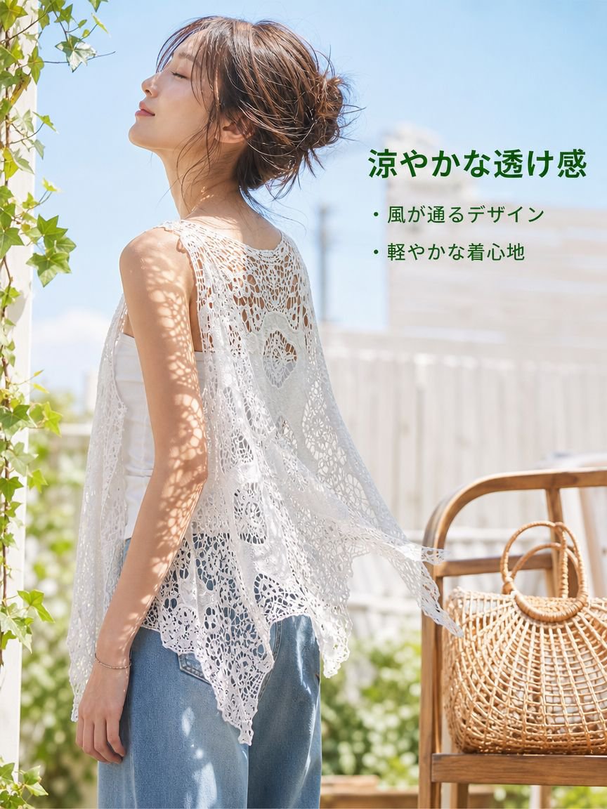ボヘミアン風ショート丈日焼け防止ジャケット レディース トップス アウター カーディガン ノースリーブ 刺繍入り くり抜き 日焼け防止シャツ