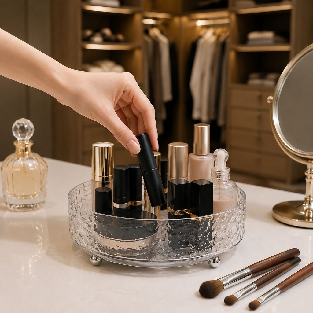 Compact and stylish cosmetics rack for toilet or vanity