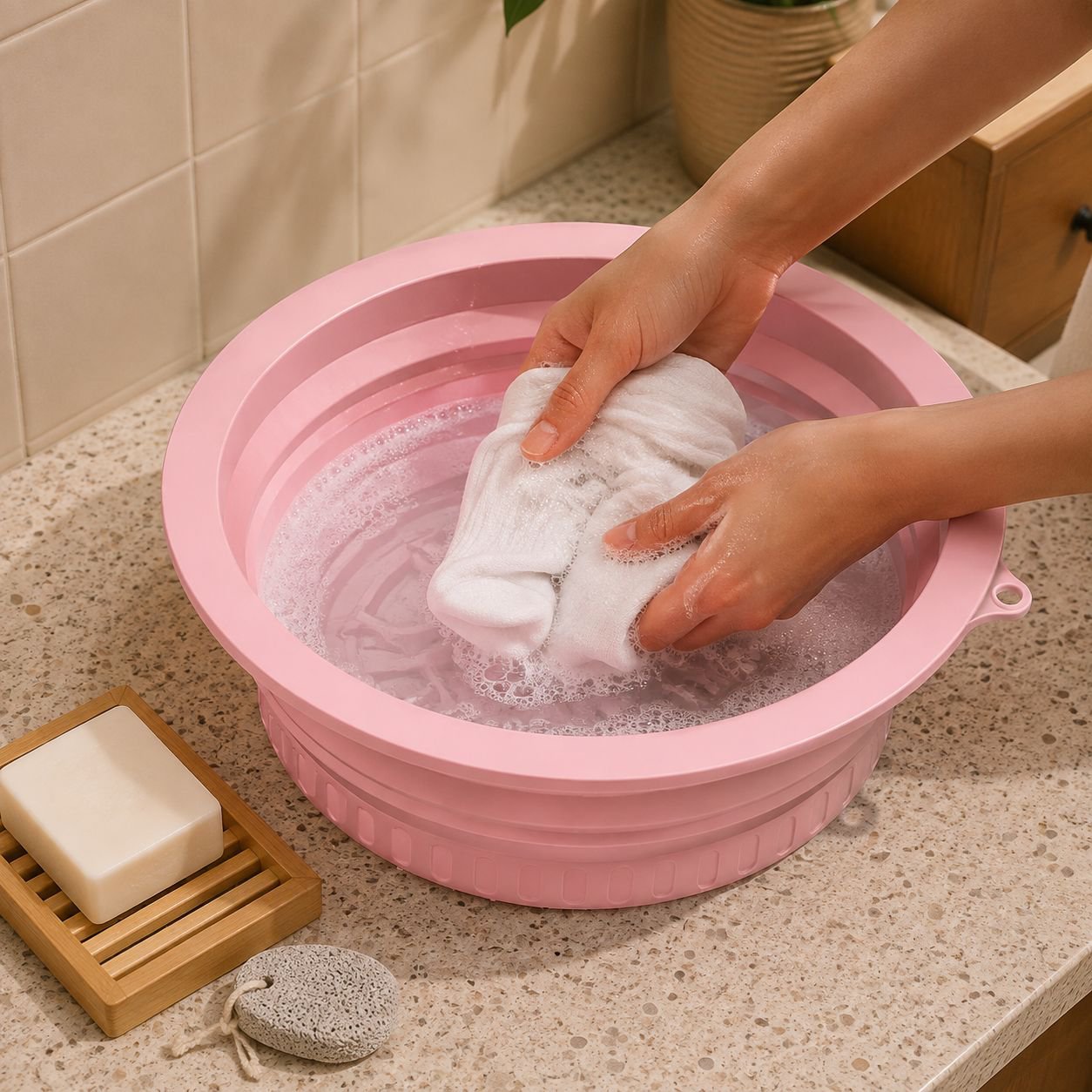 Portable Folding Silicone Washbasin in outdoor camping use