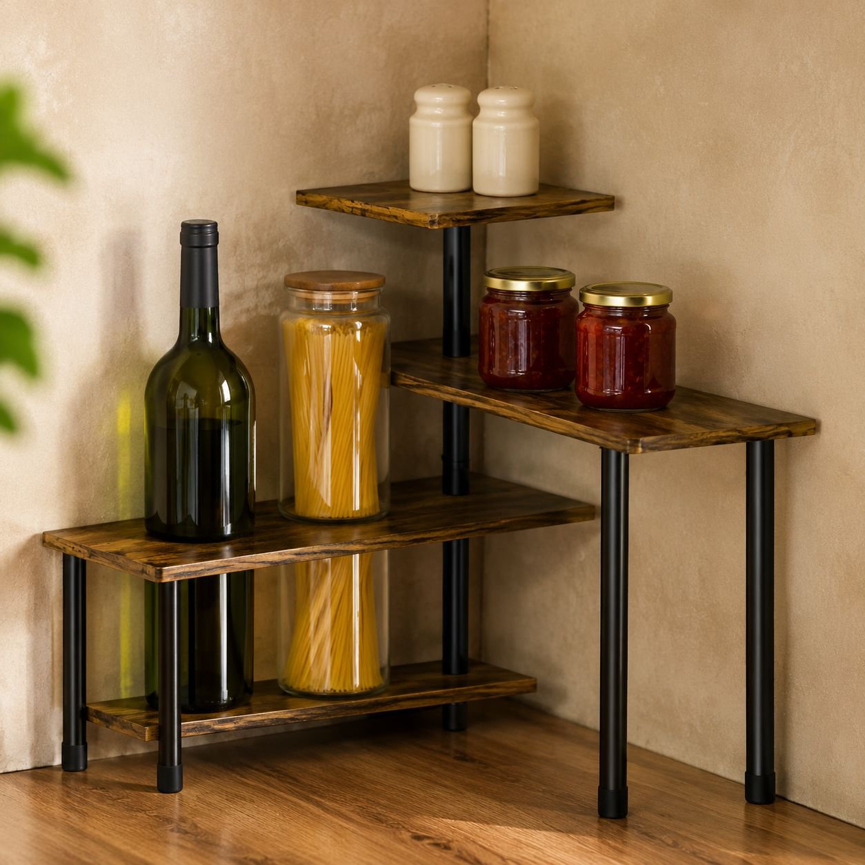 Space-saving dual-use organizer shelf in kitchen