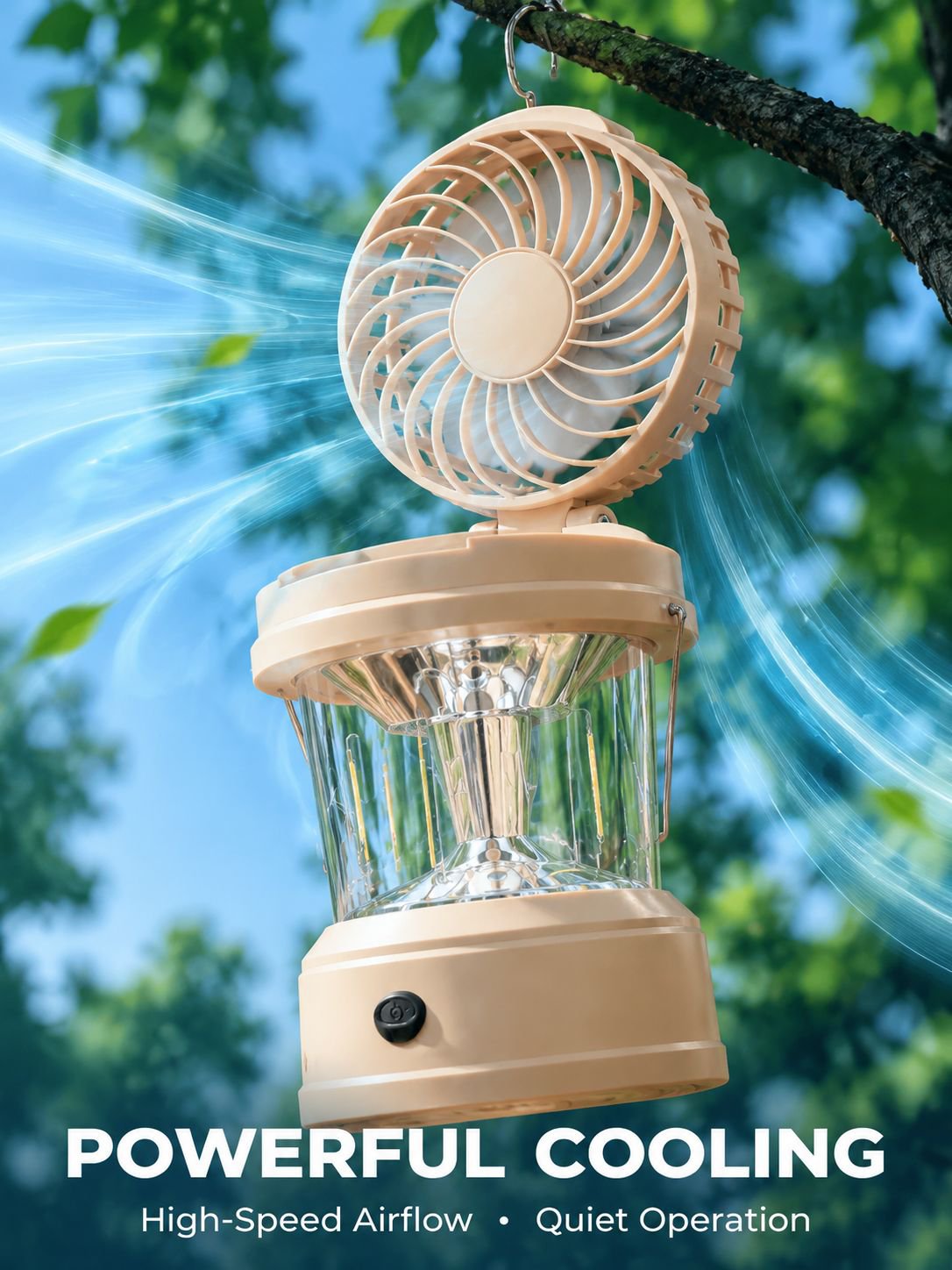 Close-up of a foldable tent light fan in outdoor camping setup