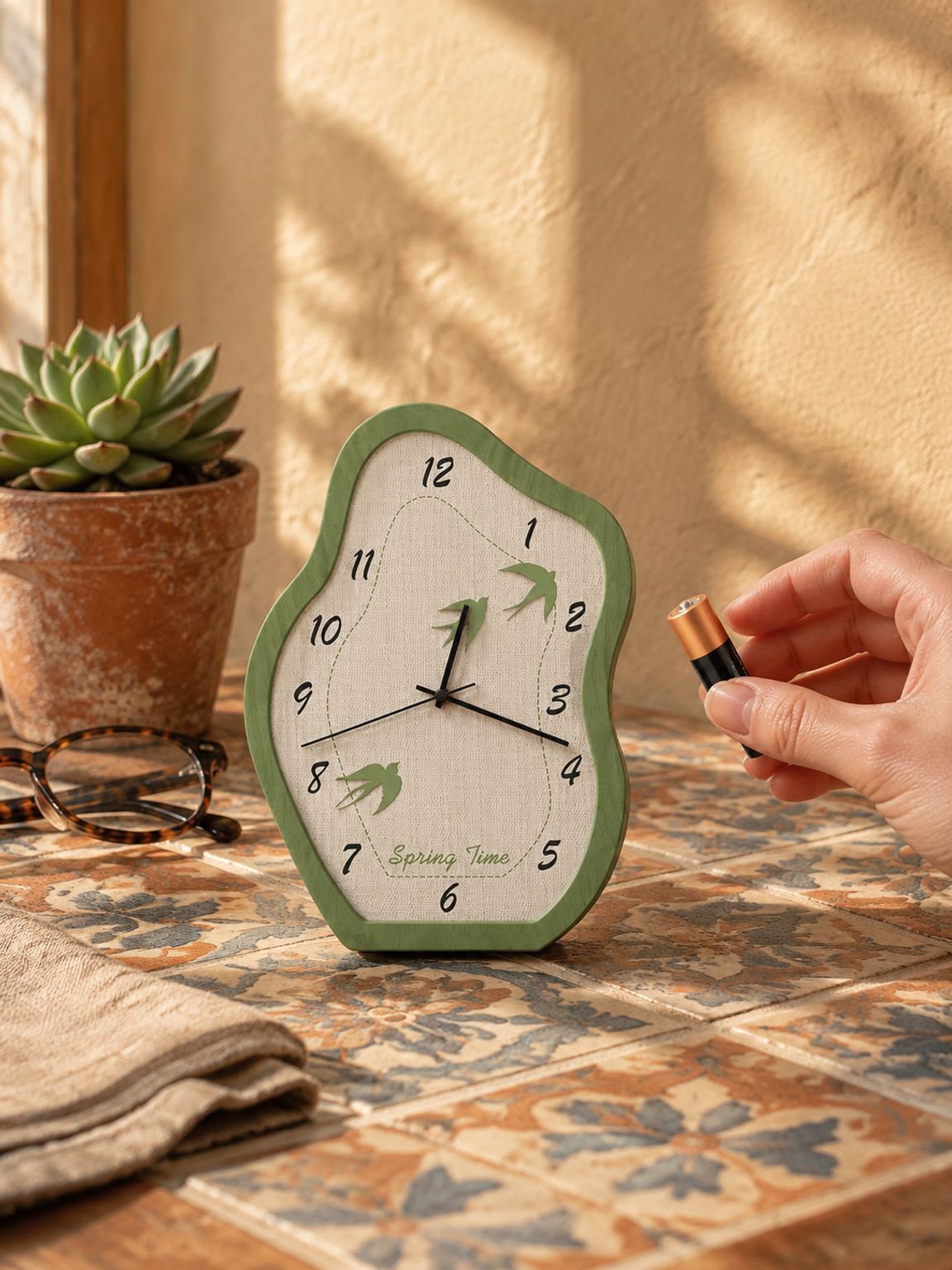 Reloj de mesa decorativo con paisaje verde