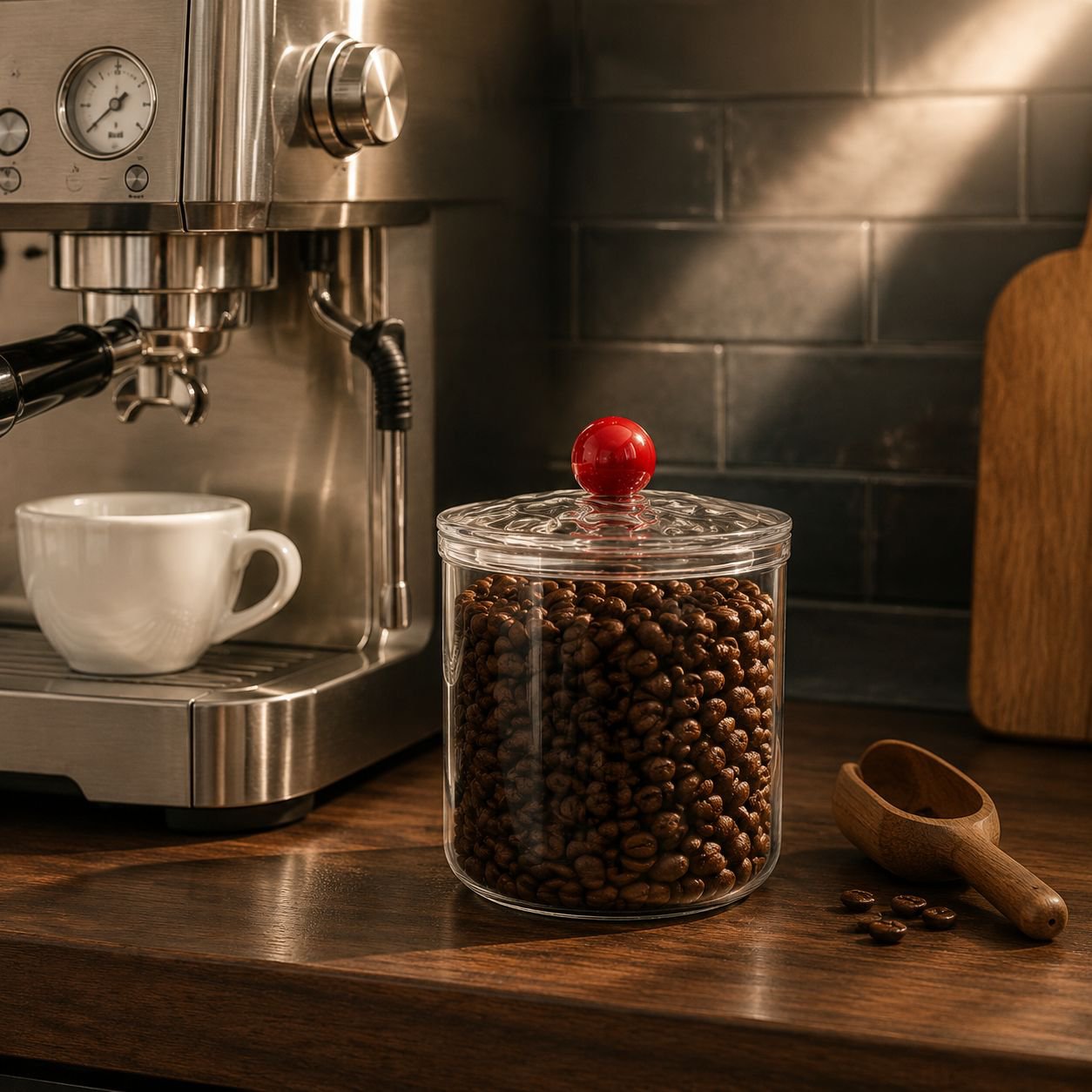 Airtight food storage jar filled with pasta in a modern kitchen