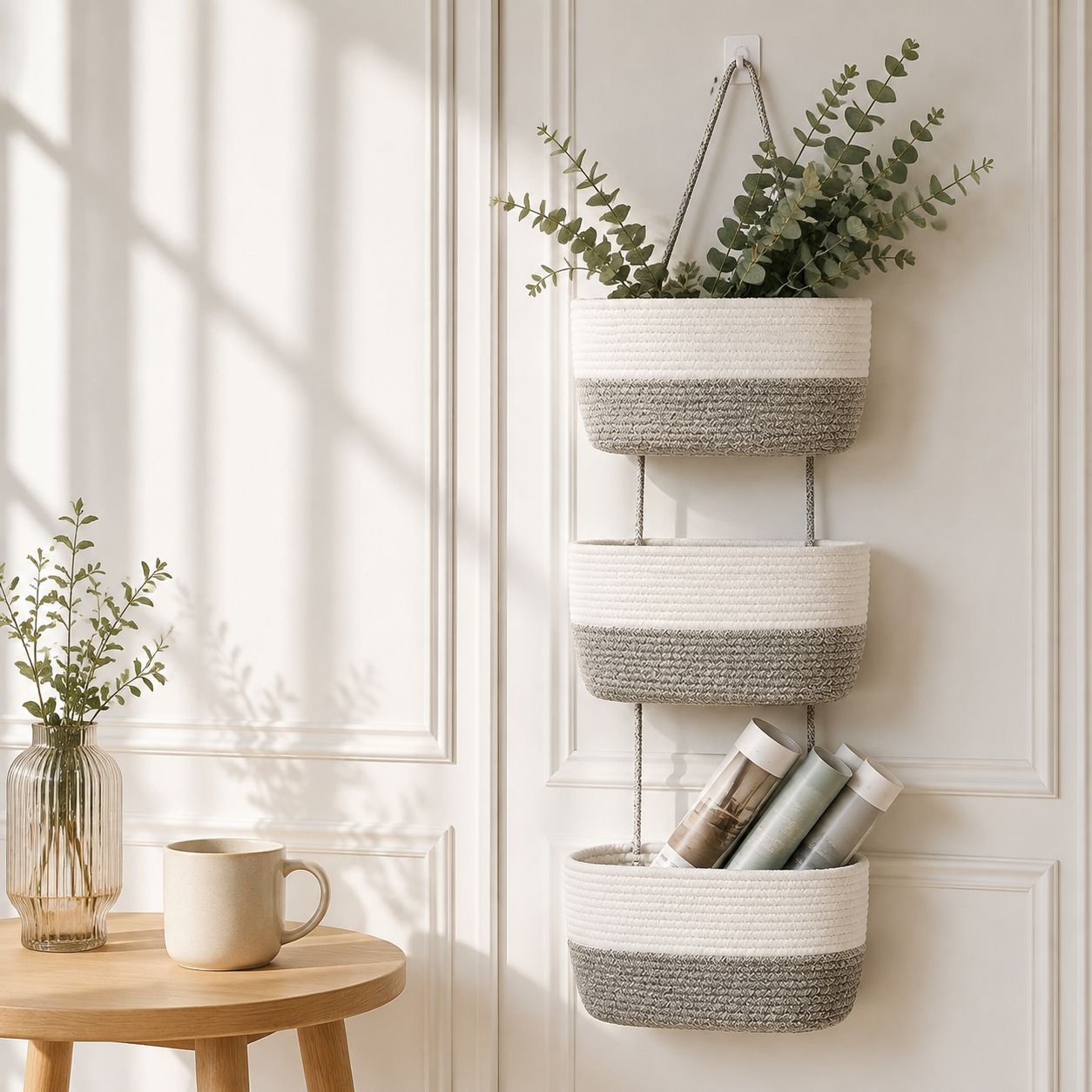 JMY panier suspendu à trois couches panier de rangement tissé en corde de coton