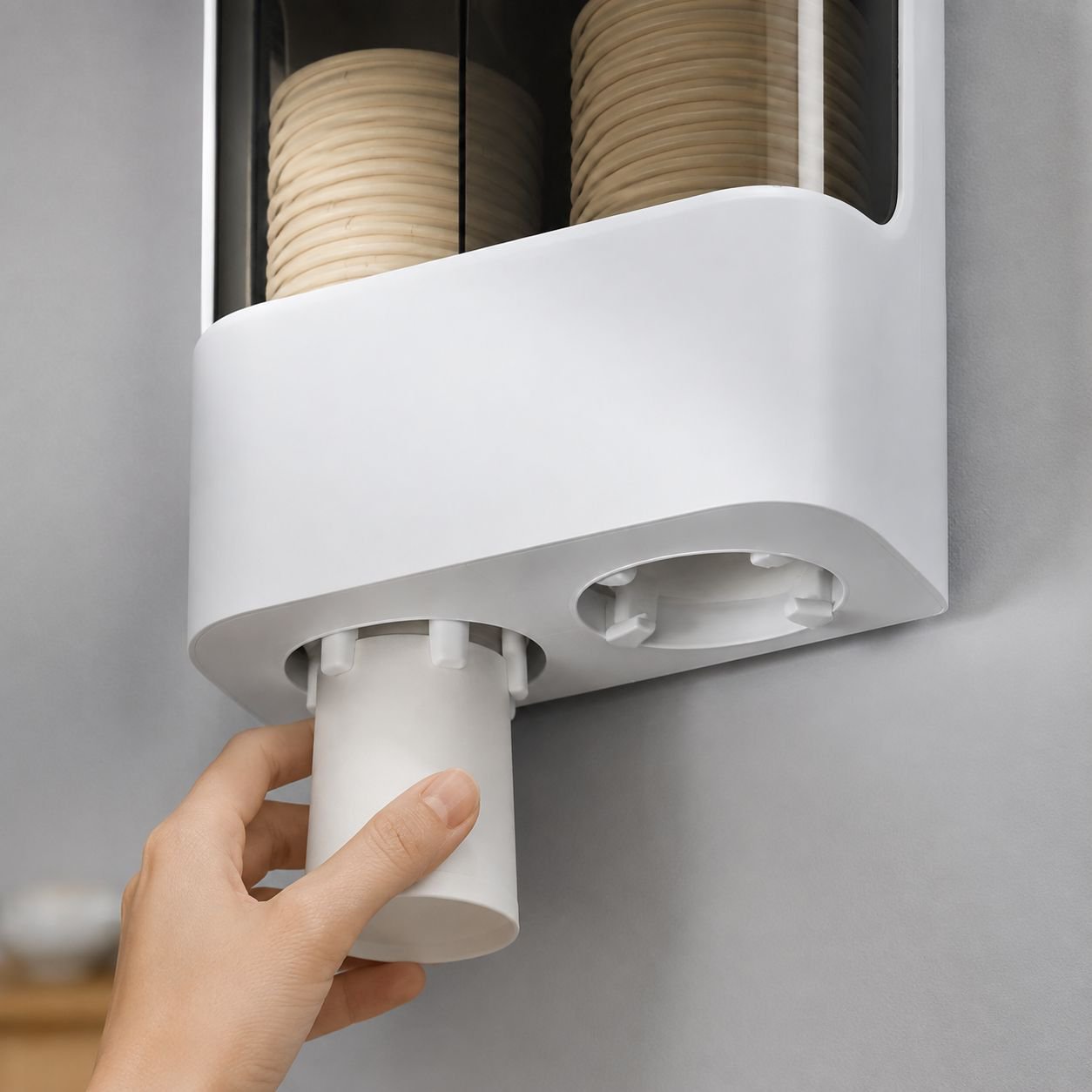 Hygienic paper cup holder with double tube design mounted on wall