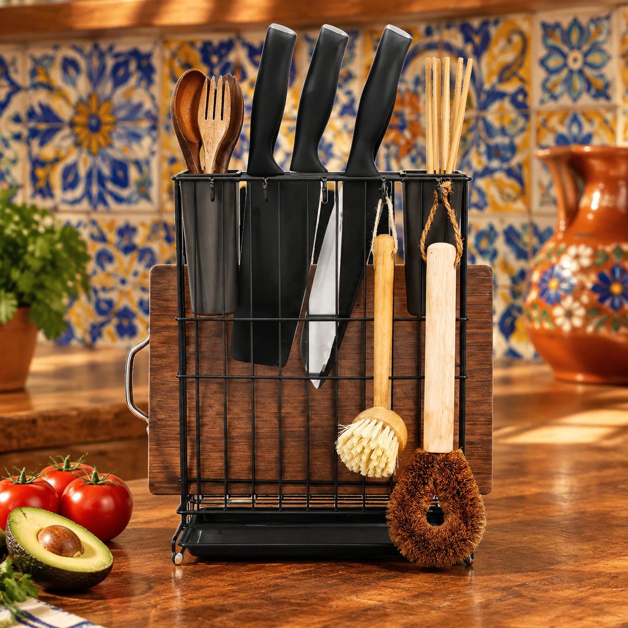 Soporte doméstico para cucharas con tabla de picar