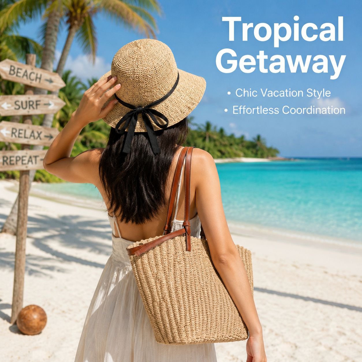 Summer Beach Fashion Straw Hat and Tote Bag Combo