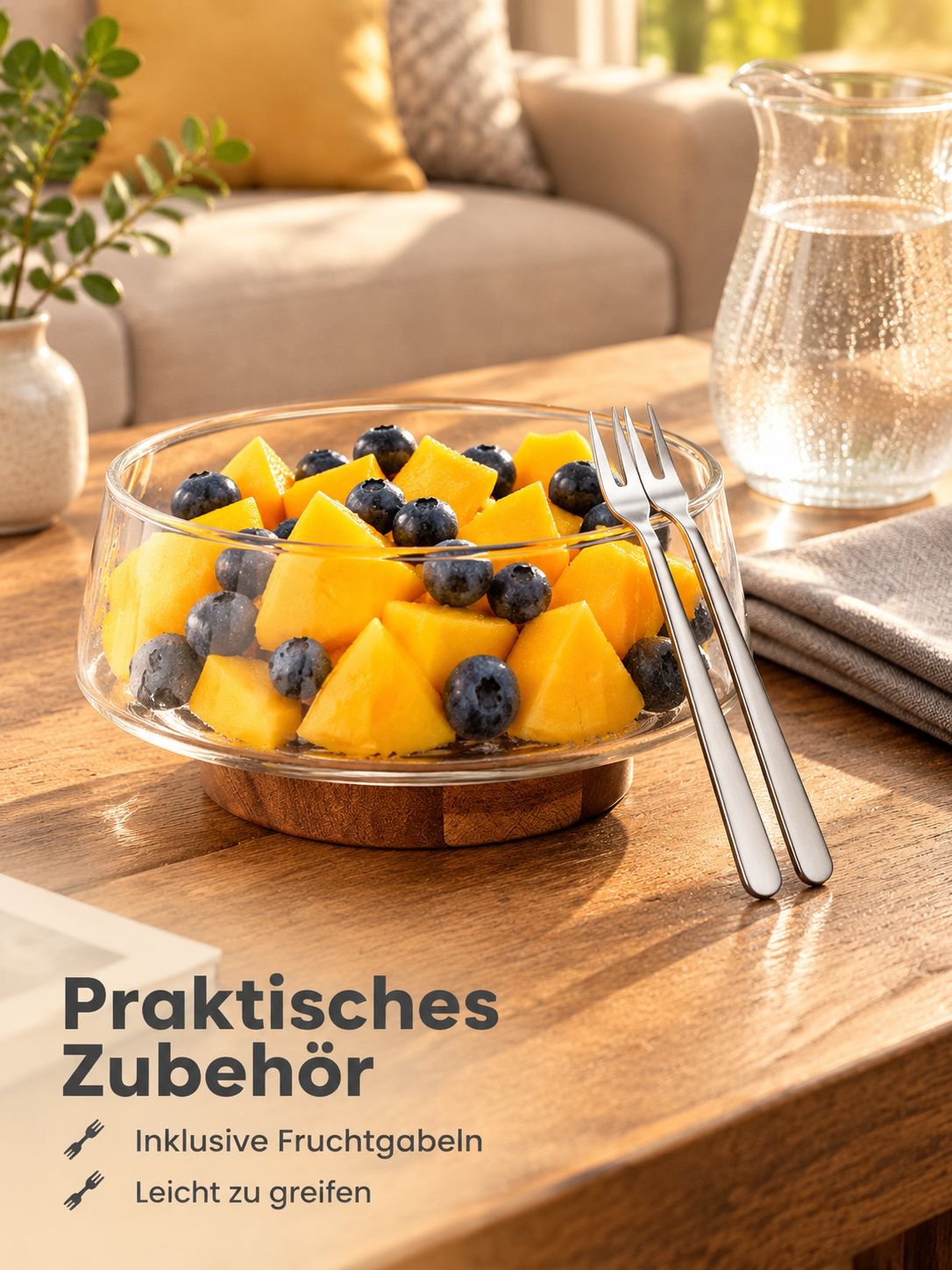 Obstplatte aus Glas mit Gabel