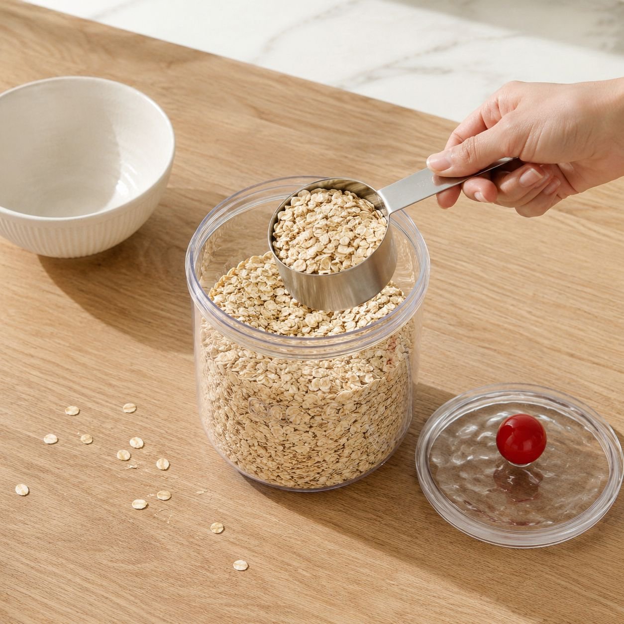 Hand pouring dried beans into airtight storage jar