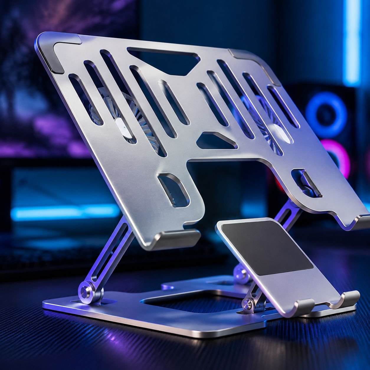 Vista lateral del soporte ergonómico con ventilador para laptop