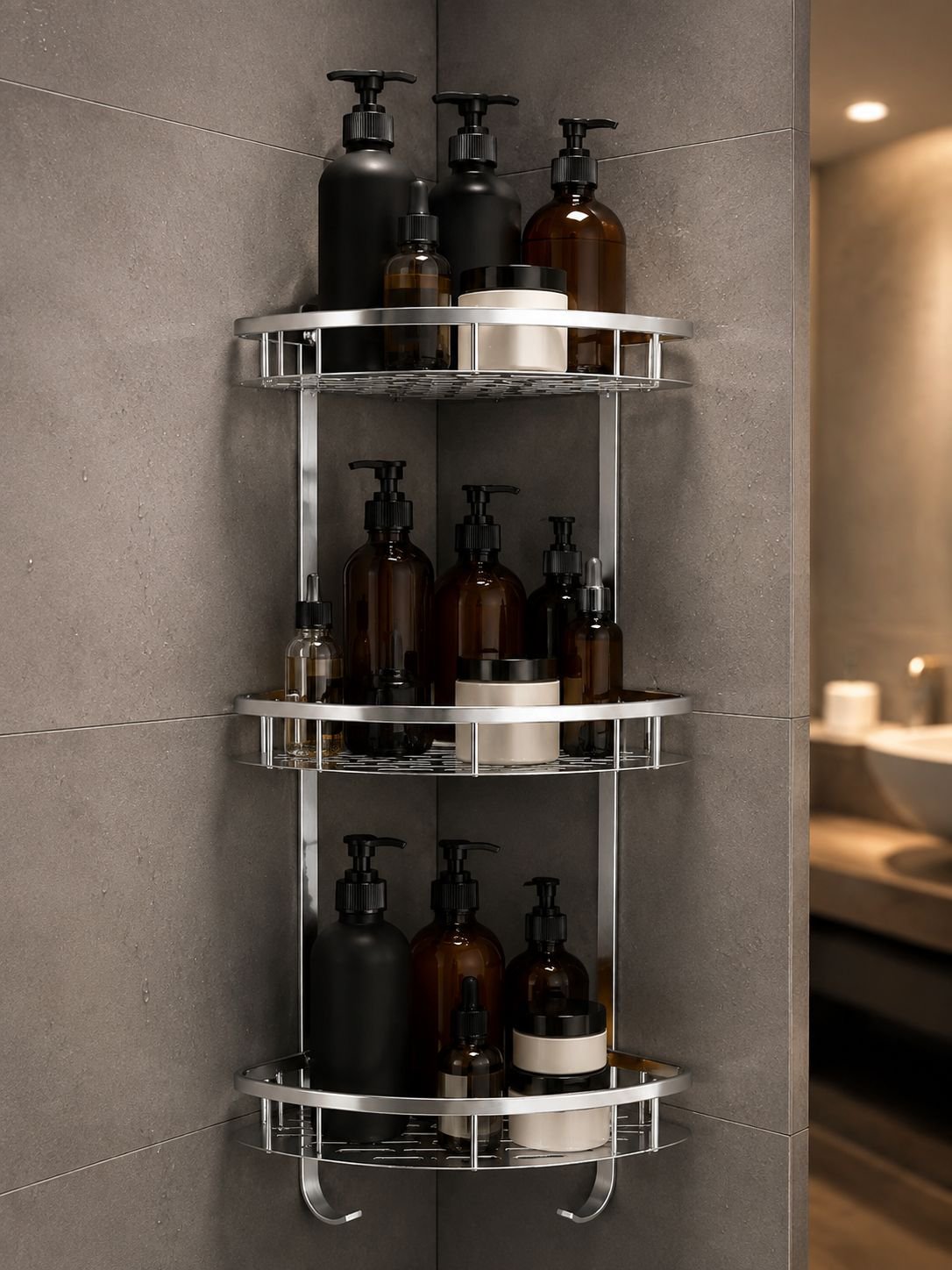 Étagère d’angle de salle de bain à trois niveaux en aluminium sans perçage