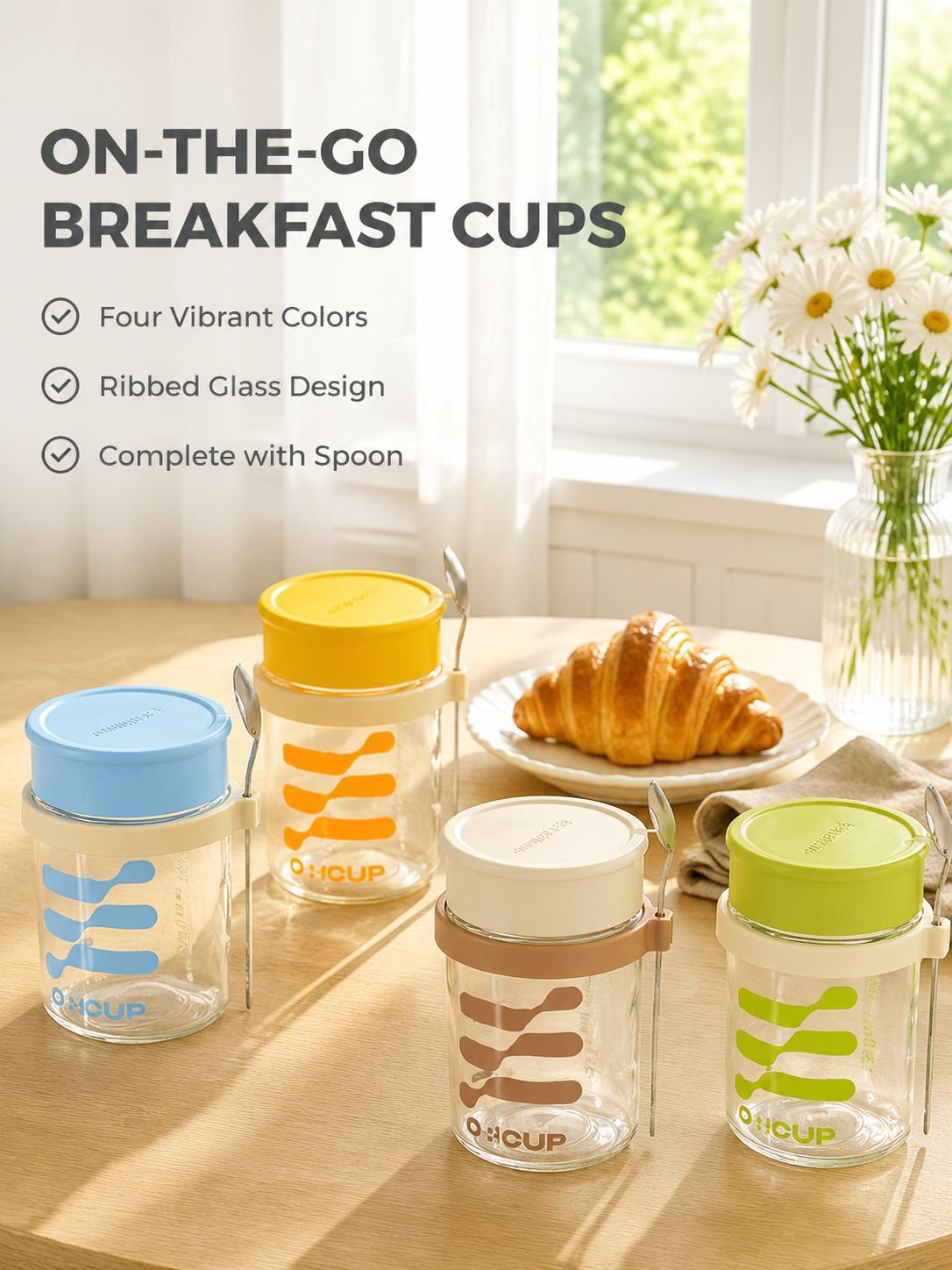 Breakfast cup, oatmeal cup, airtight glass jar with lid and spoon, portable milkshake, yogurt, grano