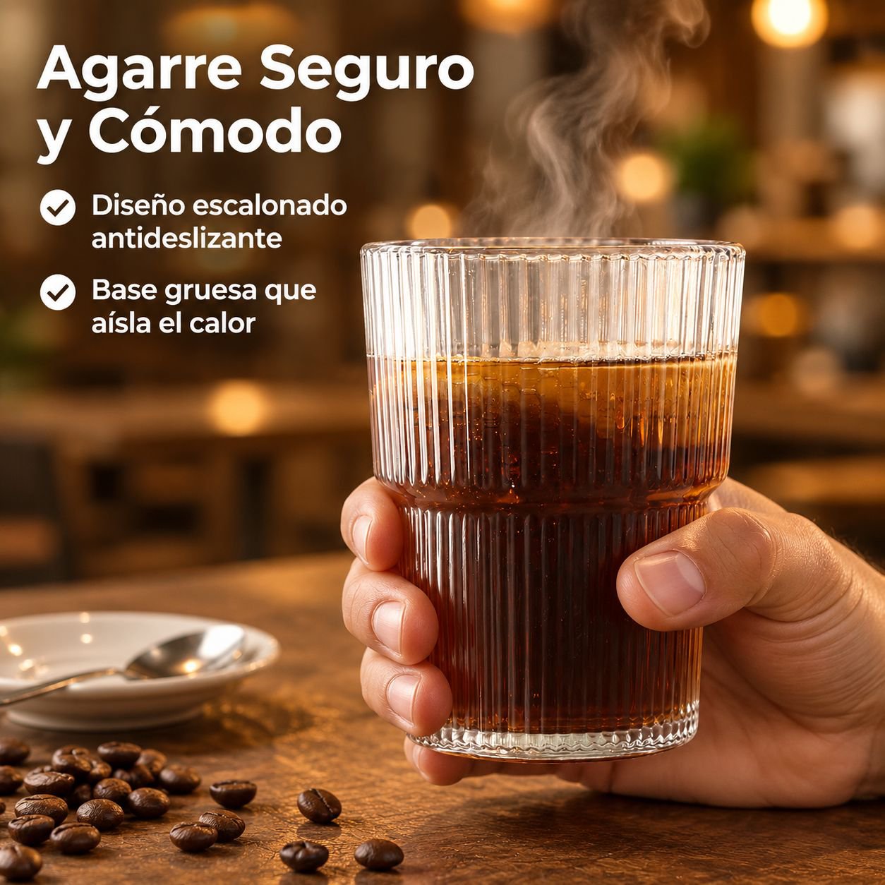 Vaso de vidrio con rayas verticales para agua o café, con tapa