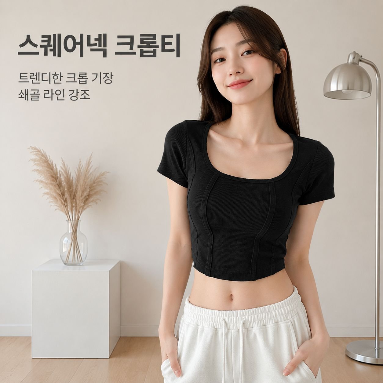 스퀘어넥 쇄골 라인 슬림핏 반팔 티