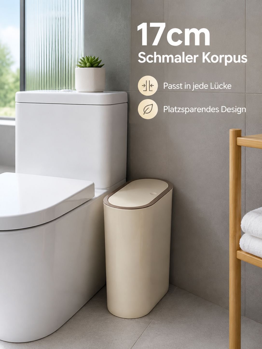 Schlanker, geruchsdichter Mülleimer für Badezimmer, großer Aufbewahrungseimer mit Druckdeckel