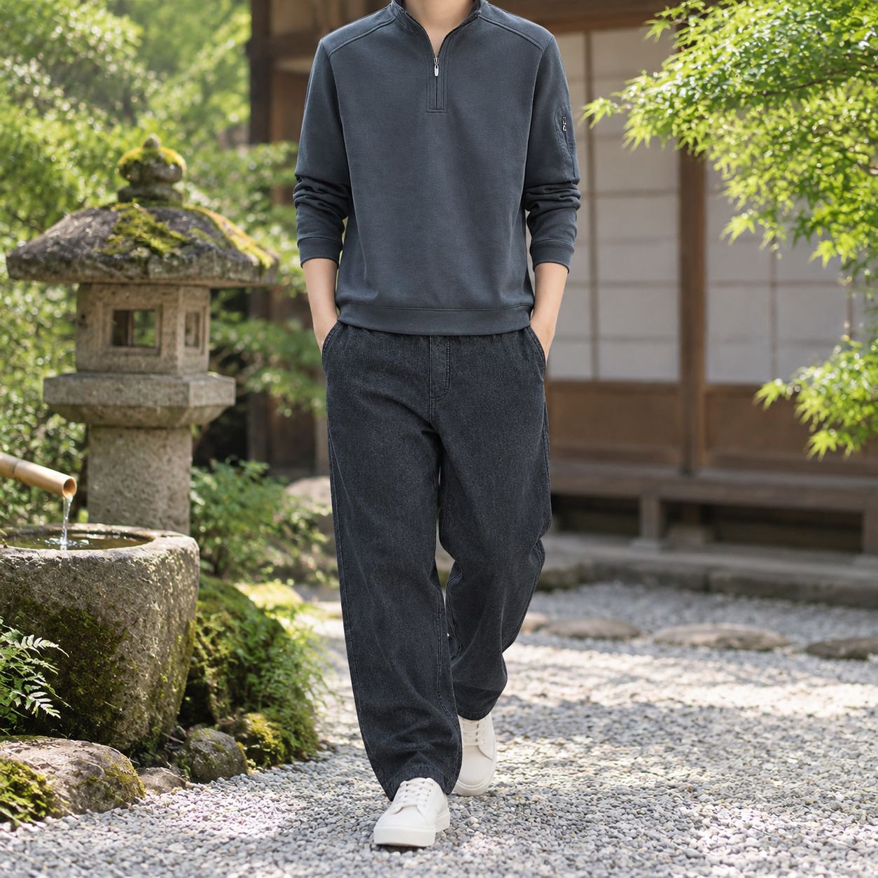 日本風デザインのメンズカジュアル長袖スウェット