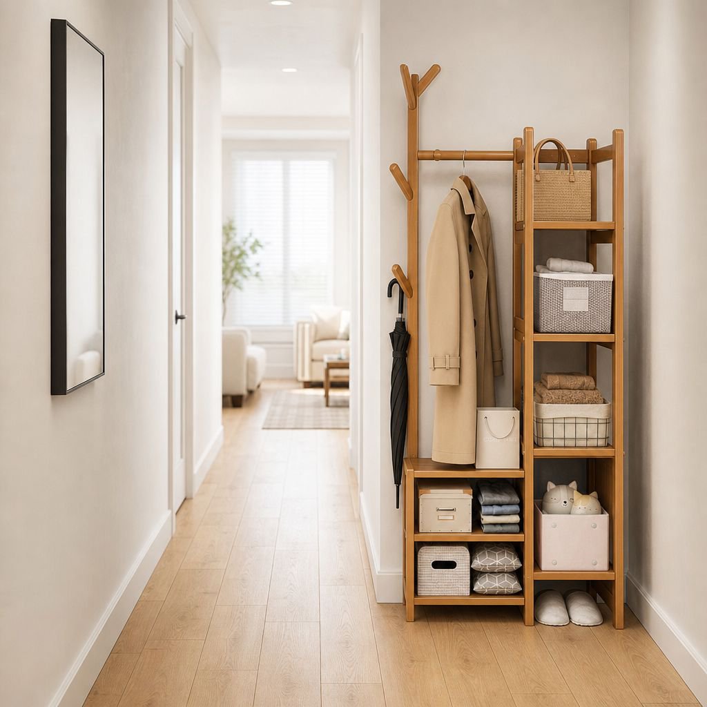 New Chinese Style Solid Wood Floor Coat Rack with Storage Drawer