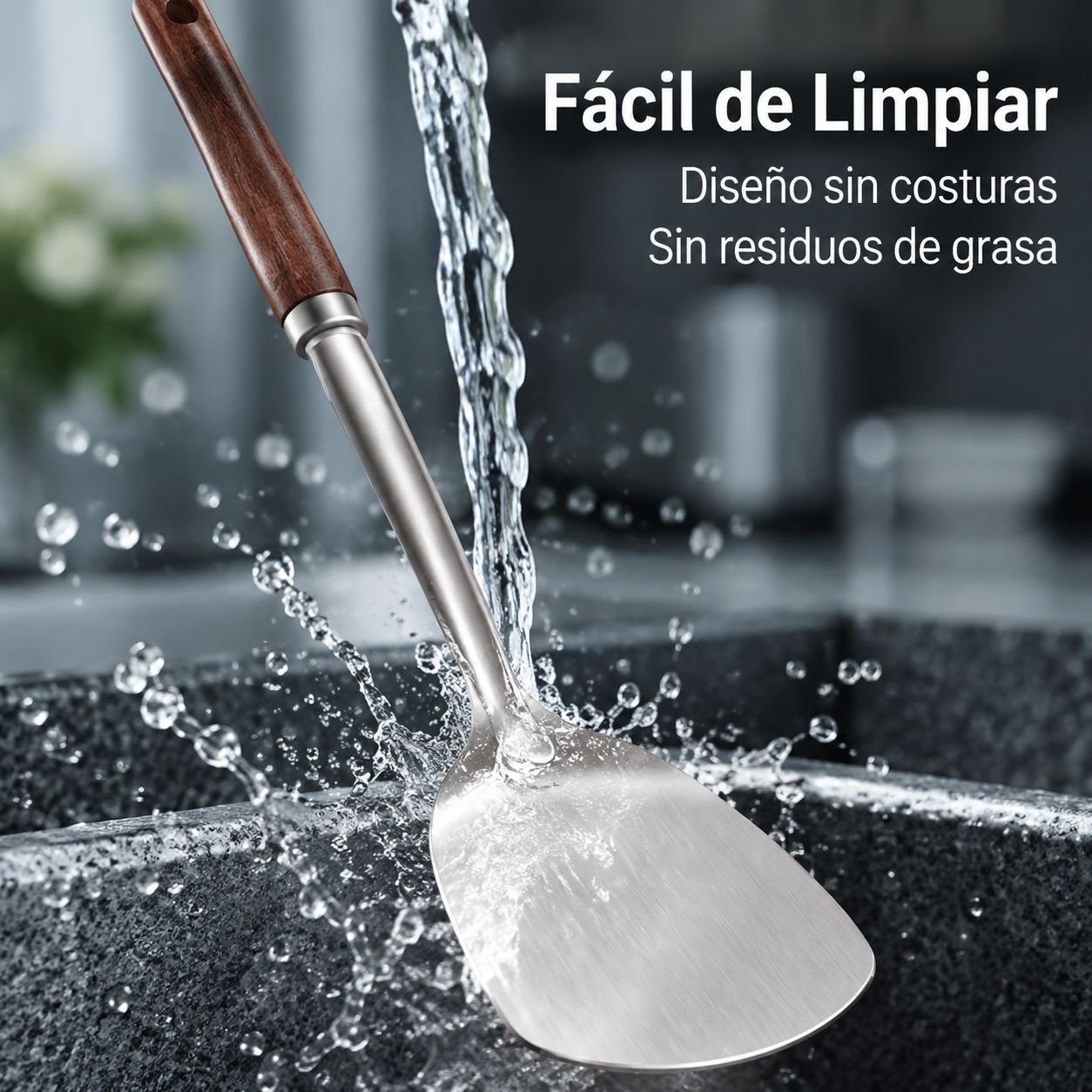 Espátula de acero inoxidable con mango de madera