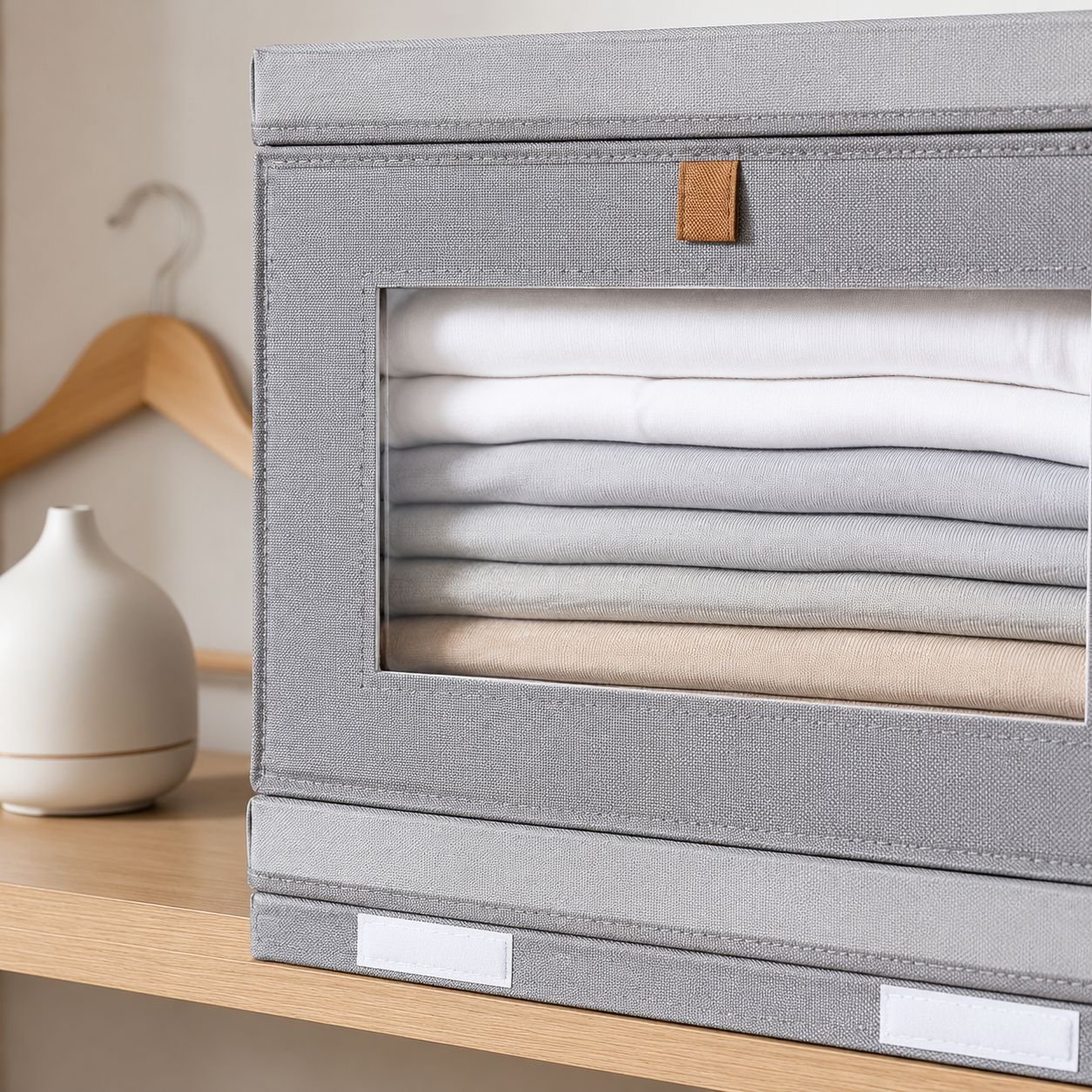 Seitlich öffnender Kleiderorganizer mit Klappdeckel und Sichtfenster für den Kleiderschrank