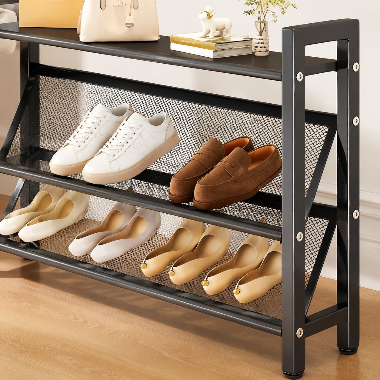 Slanted Mesh Breathable Design, Space-Saving Assembly Shoe Cabinet for Behind Door